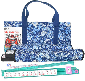 TrendyMate American Mahjong Set 166 enhanced White Tiles 4 All-in-One Mahjong Racks/Pushers Complete Western Mahjong with Soft Blue Printed Carrying Bag