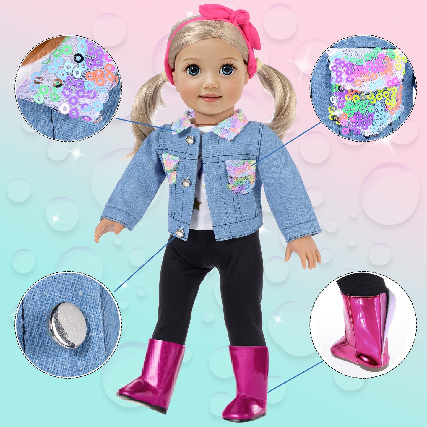 18 Inch Girl Doll Clothes And Accessories Case Luggage Travel Play Set Include Colorful Suitcase, Jeans Jacket, Top, Pants, Boots, Camera, Handbag ... (No Doll)