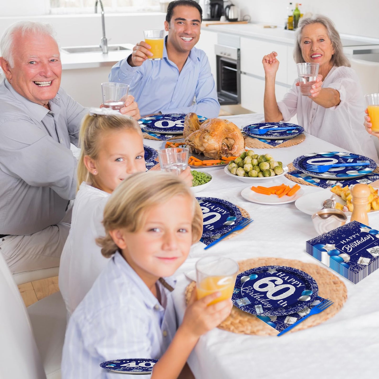 96 Pcs 60Th Birthday Party Supplies Navy Blue And Silver Birthday Plates 60Th Birthday Paper Tableware Happy Birthday Party Plat