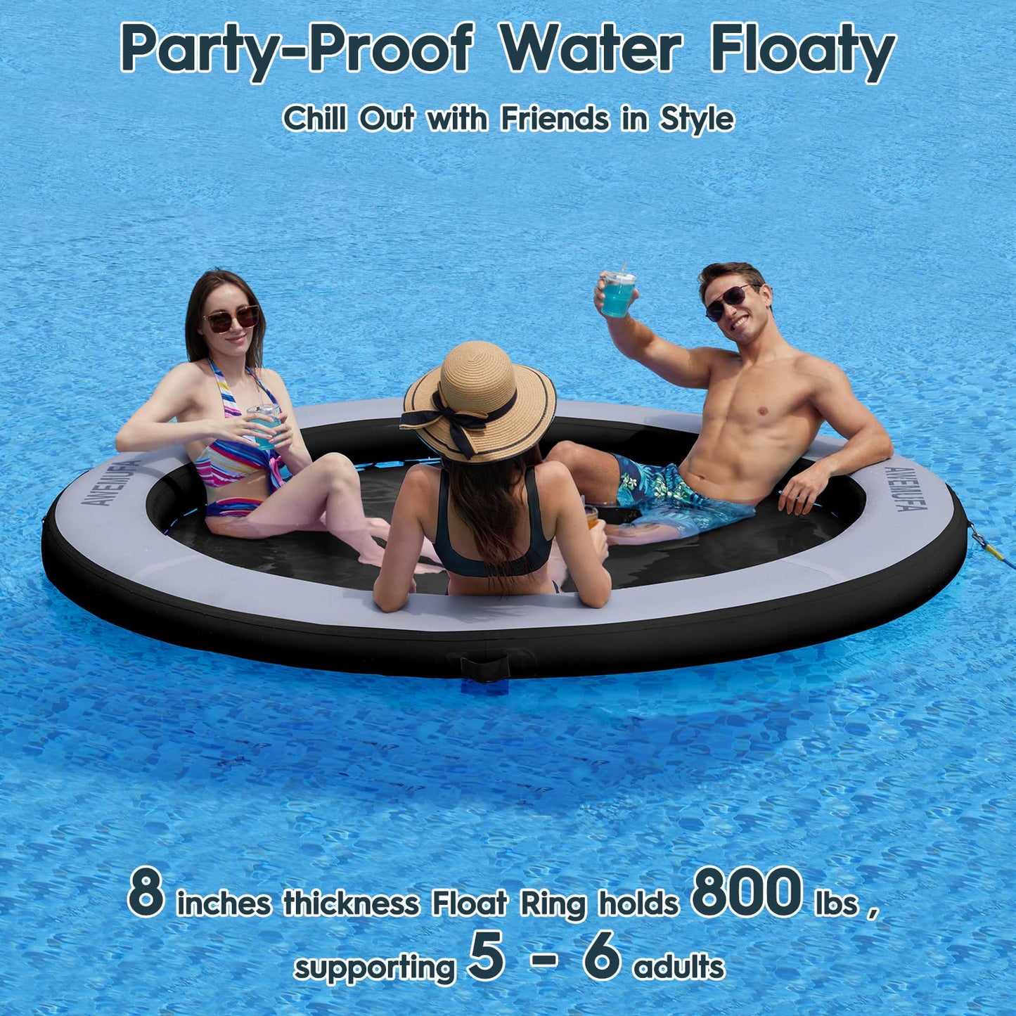 AWEMUFA 8ft Water Hammock - Black PVC Inflatable Float Ring for Pool & Lake, Heavy Duty Mesh Circle Mat for Summer Parties