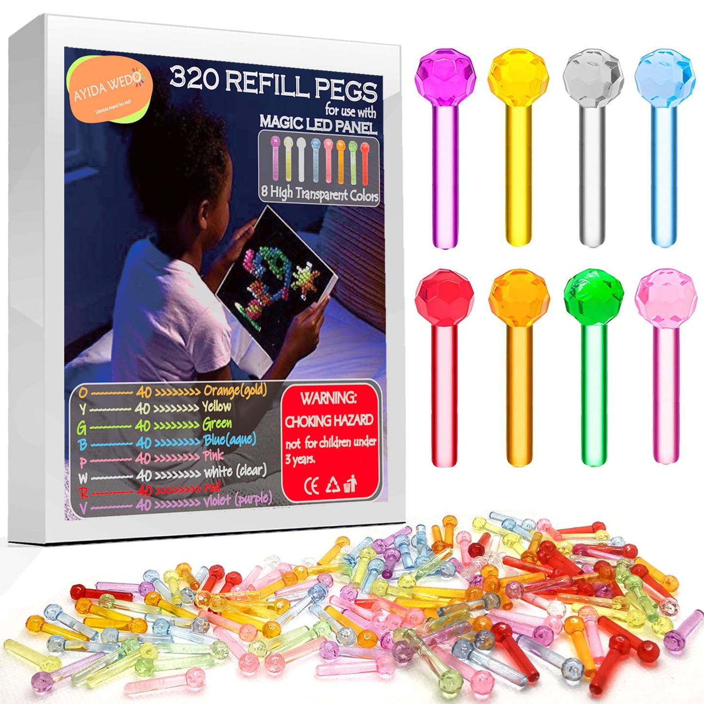 320Pcs Pegs Refill For Light Brite,Light Bright Glow Pegs 8 Colors With Excellent Clear, Led Light Up Board Toy Replacement Peg