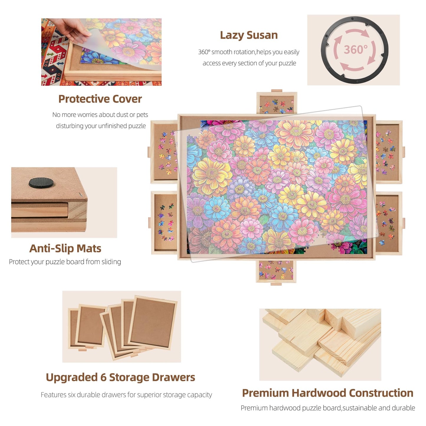 DIKASHI 2000 Pieces Rotating Puzzle Board with 6 Drawers  Lazy Susan & Transparent Cover  40.1x28.5 Portable Wooden Jigsaw Puzzle Board  Great Gift for for Puzzle Enthusiasts