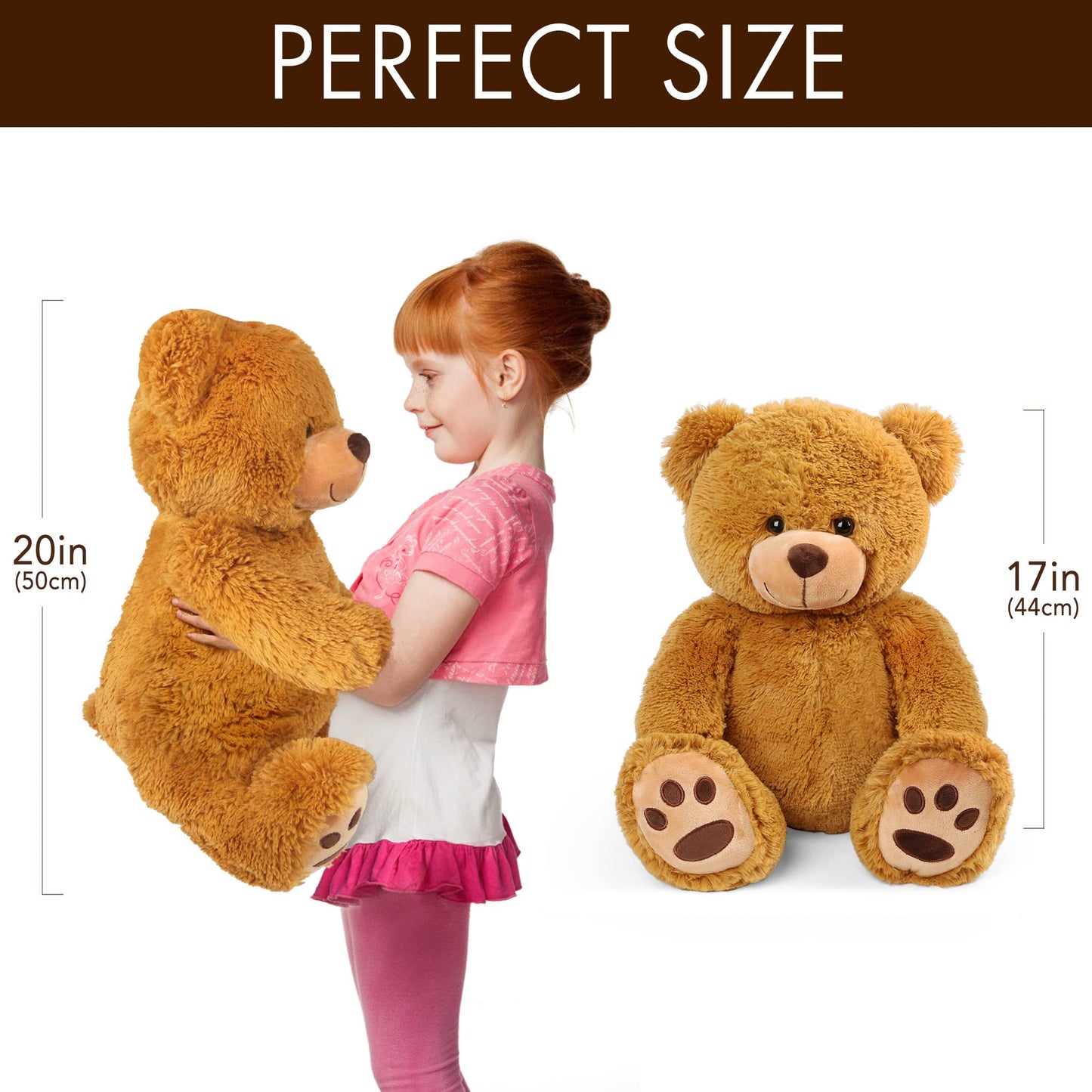LotFancy Teddy Bear Stuffed Animal, 20" Plush Toy, Soft Brown Cuddly Bear with Footprints, Perfect Gift for Kids and Toddlers