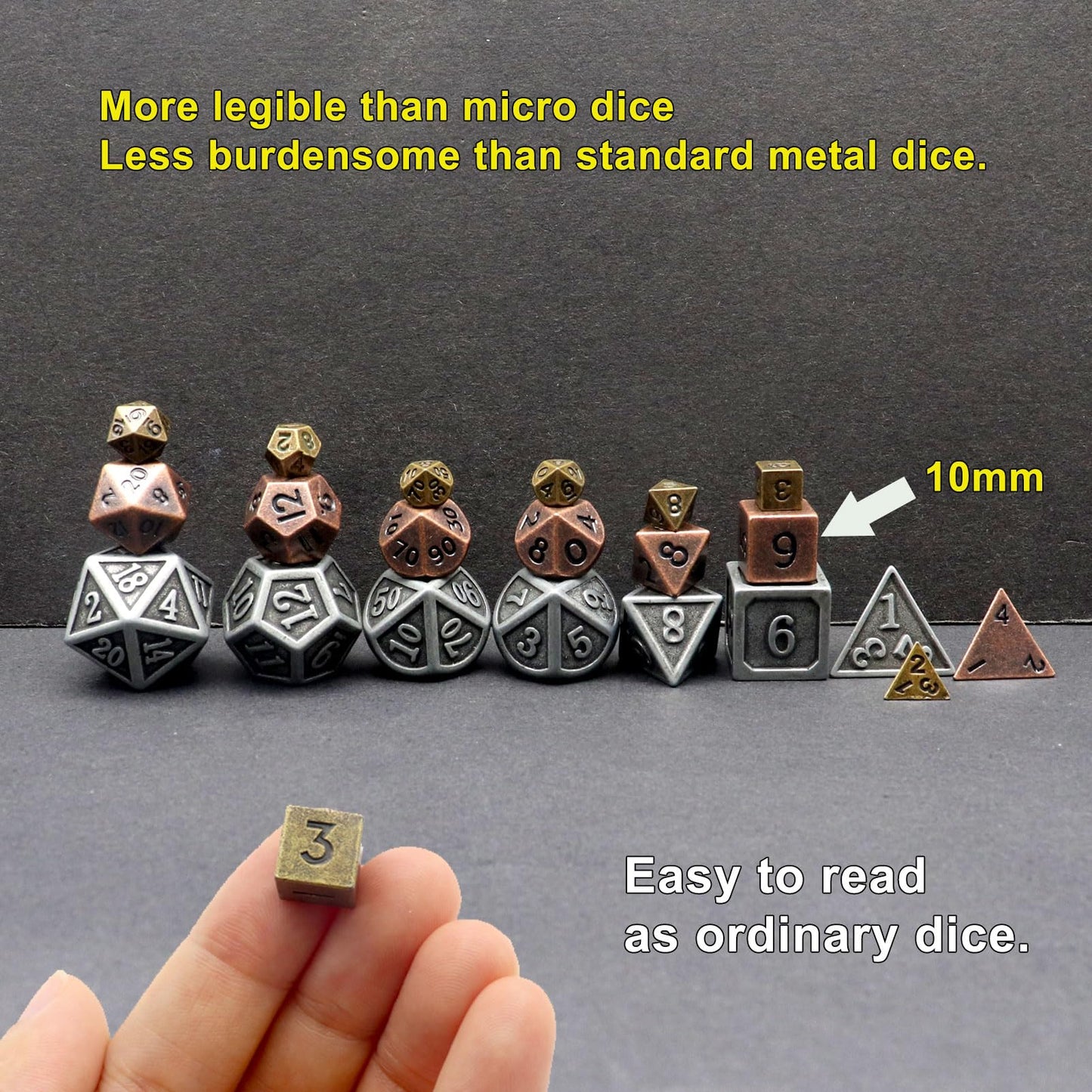 Haxtec Mini Dice Set with Keychain Dice Case 10mm Mini Metal DND Dice Antique Copper Metal Dice Set D&D Portable 7PCS Dice Set D