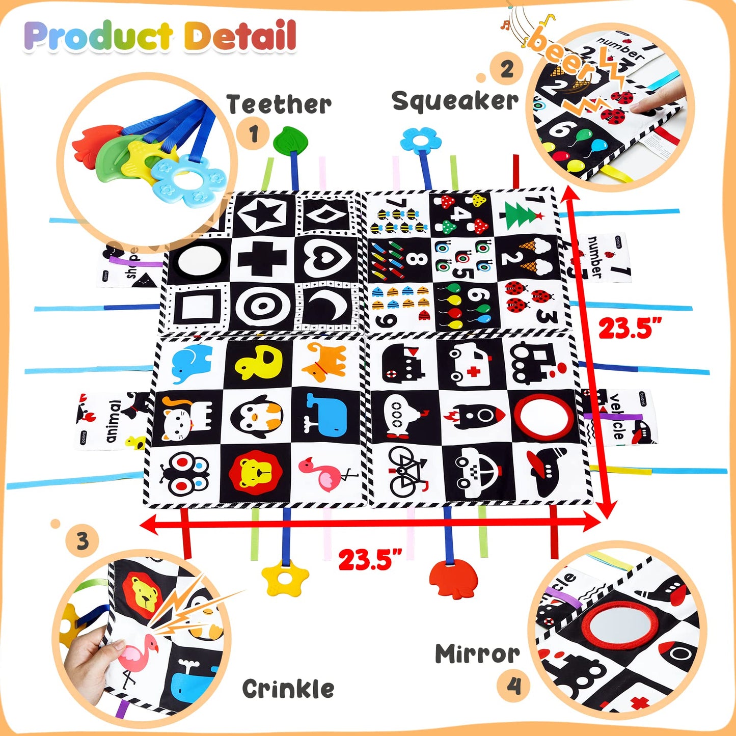 Beiens Baby Toys 0-6 Months, Tummy Time Crinkle Toys With Mirror, Black And White High Contrast Sensory Toys For 0-6-12-18 Months Toddler Newborn, Play Mats, Easter Basket Essentials Stuffers Gifts