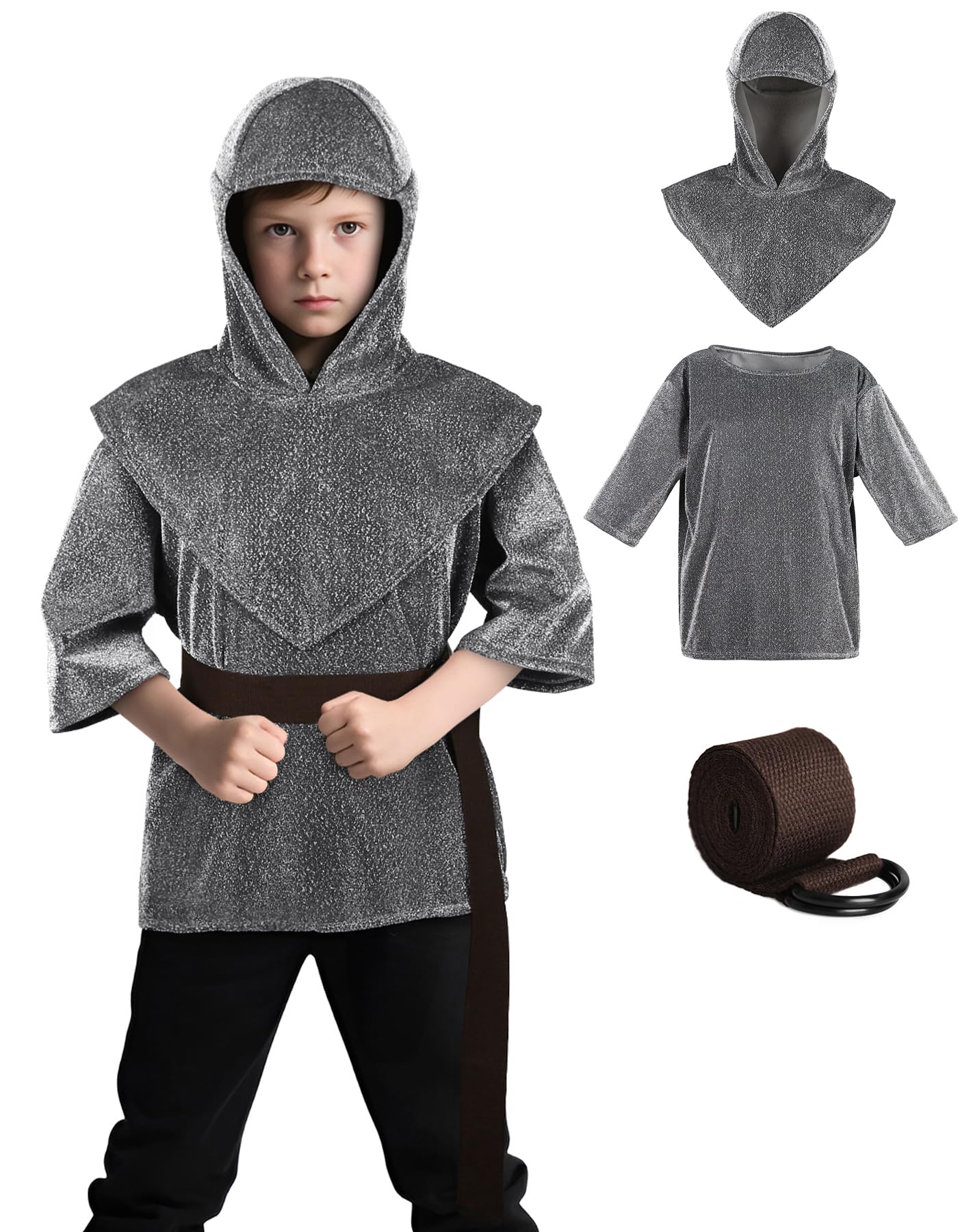 Chain Mail Costume Kids Medieval Knight protective covering Set with Hood & Belt for LARP Halloween Cosplay 3'4''-3'9''