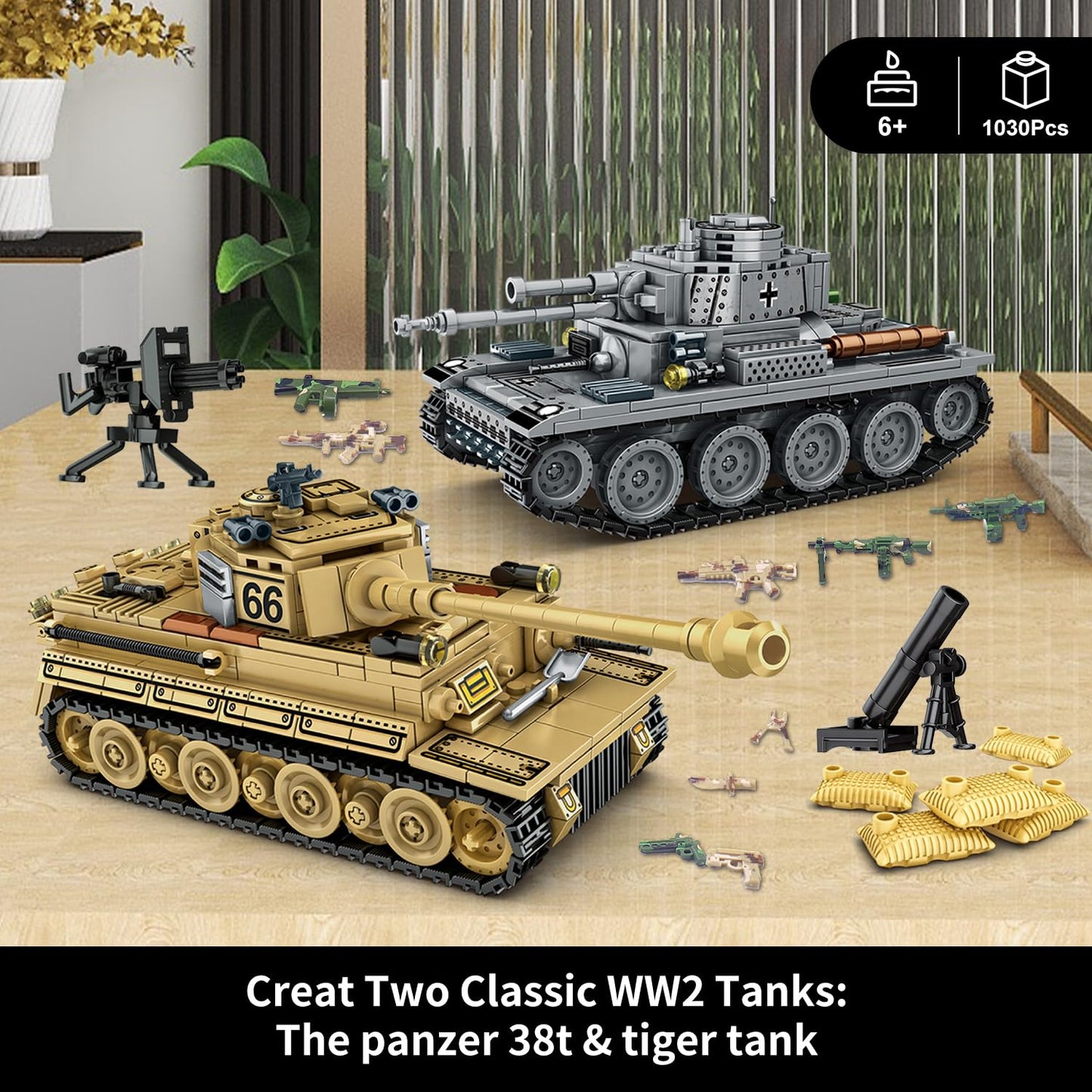 WINGIFT WW2 Army Tanks Building Set, 1030 Pieces, German Panzer 38T & Tiger Tank, Plastic, Yellow, Model 66005, Gift for Teens & Adults