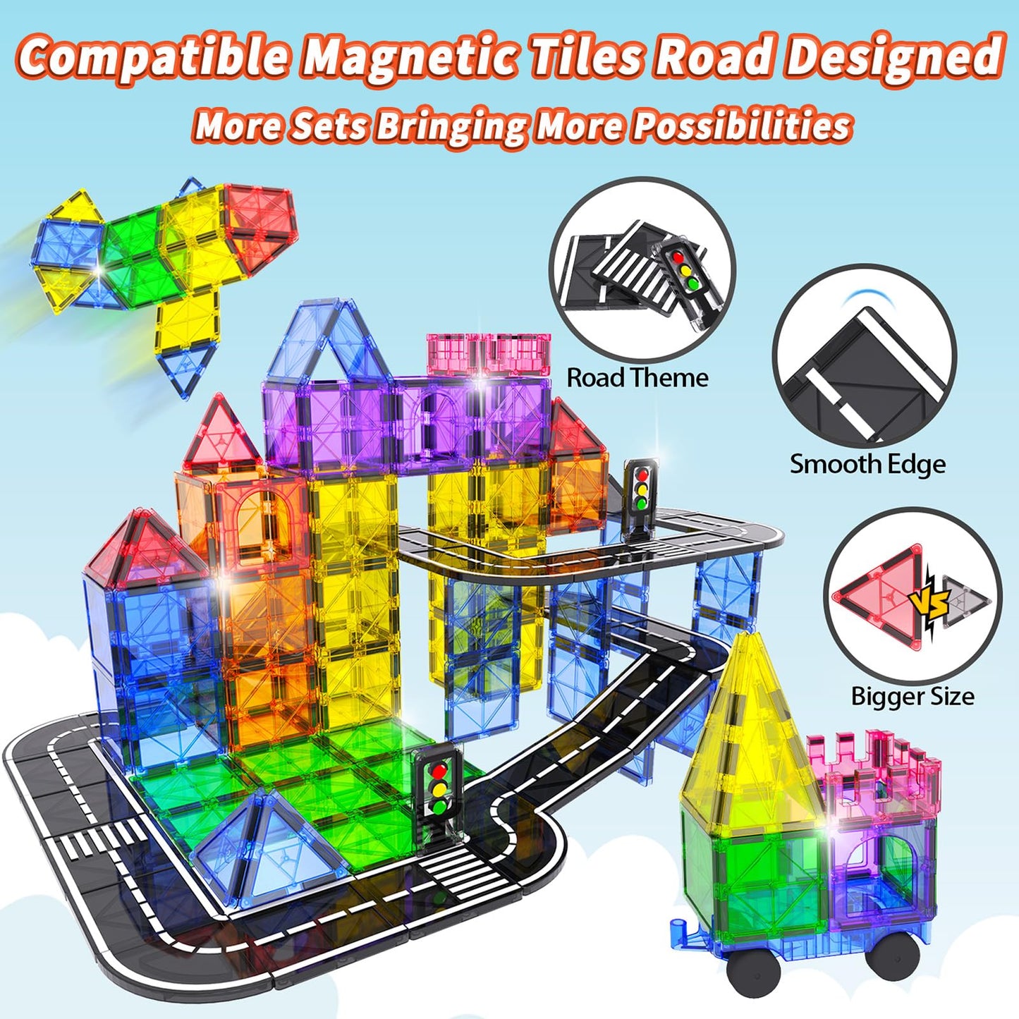 Magnetic Tiles Road Set With Car Kits, Magnetic Building Blocks Sensory Toys For Kids Ages 3-5 4-8, Stem Educational Toddlers To