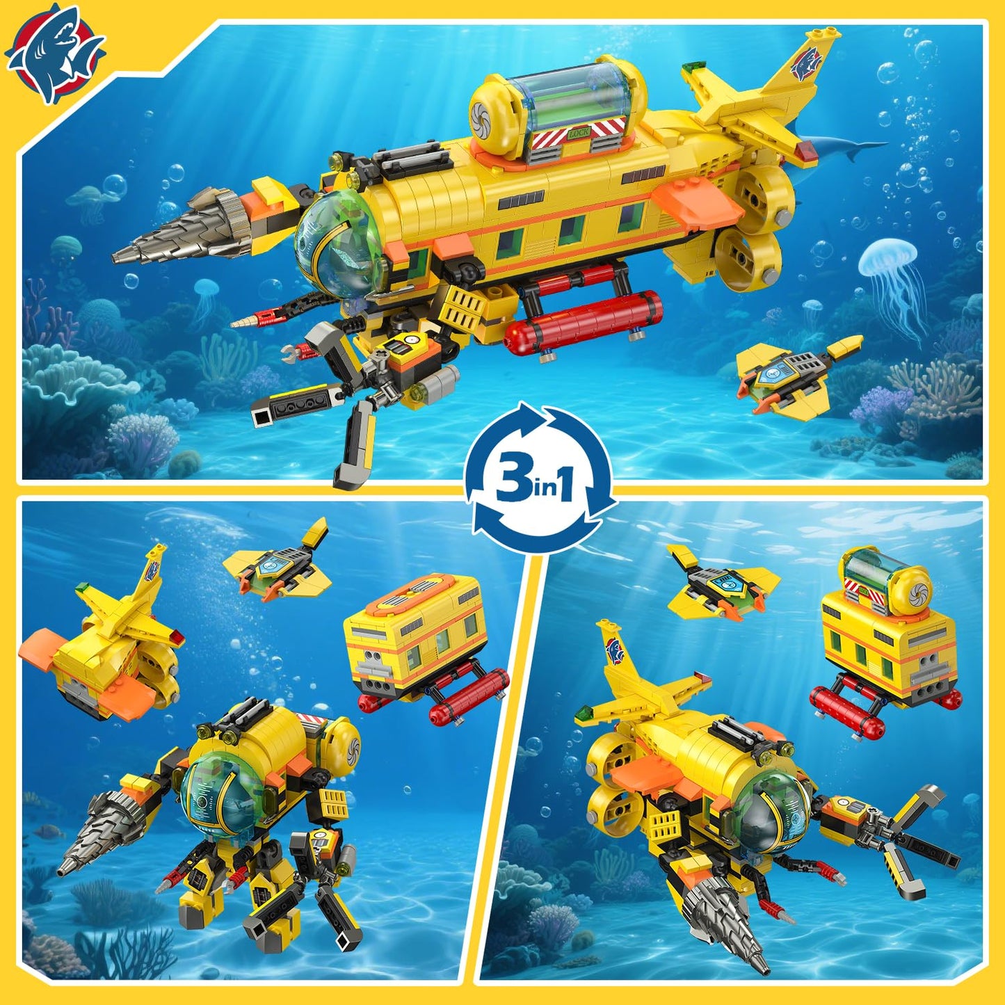 HOGOKIDS 3 Styles City Submarine Building Set with LED Light  Ocean Exploration Yellow Boat Sub Toy with 2 Sharks  Whale Skeleton and Ray Drone  Christmas Birthday Gift for Kids Boys Girls 8-14+