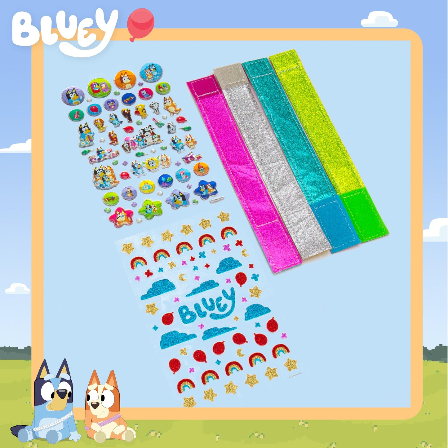 Bluey Sparkle Bracelet Making Kit, 4 Reversible Bracelets with Easy Closure, 100+ Traditional and Puffy Resin Stickers, DIY Blue