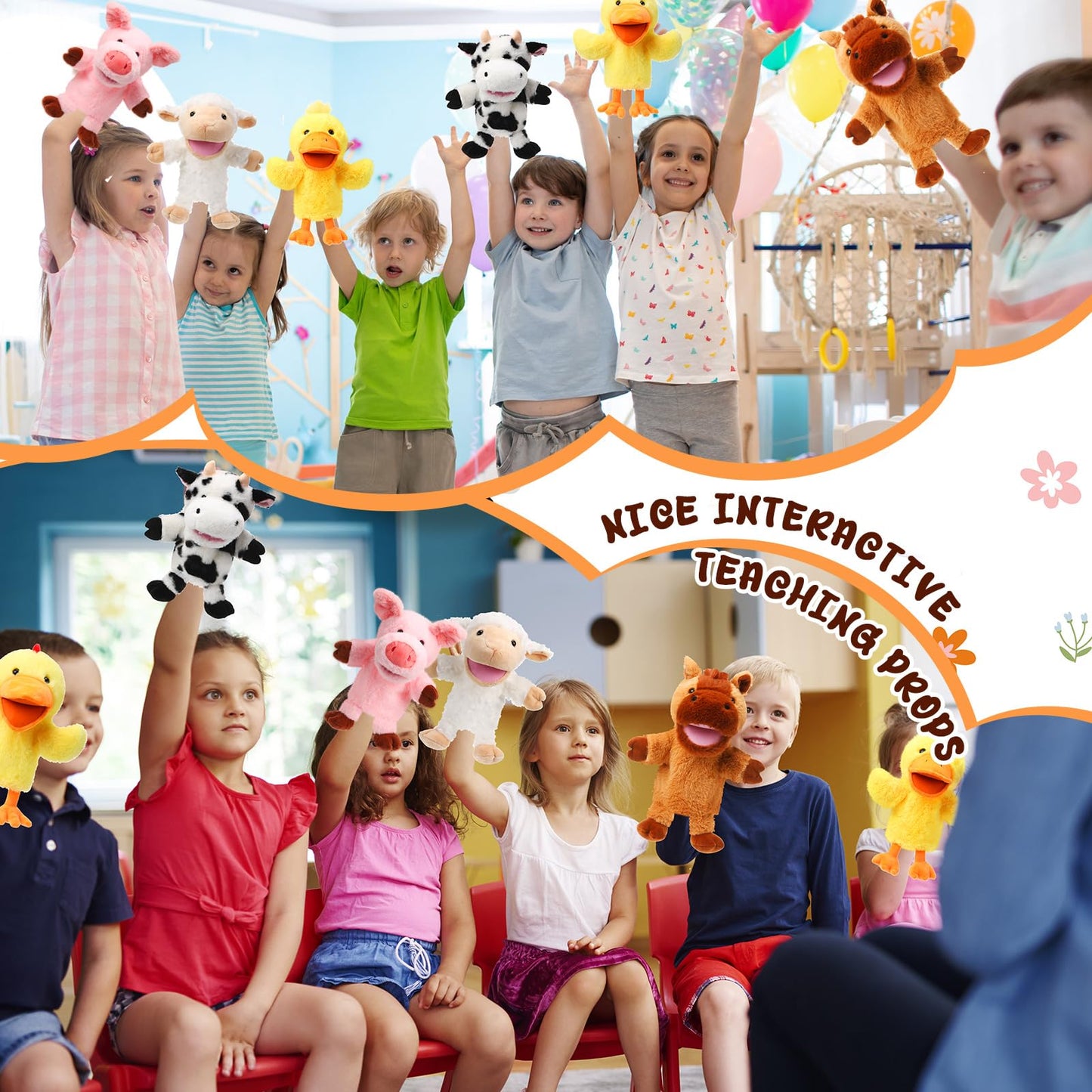 Lenwen 6 Pcs Valentines Day Gifts For Kids Hand Puppets Bulk With Working Mouth 10 Inches Plush Animal Hand Puppet Toddler Plush
