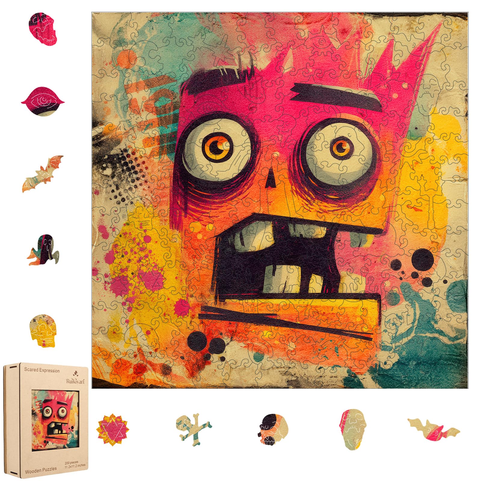 Ruikiyart Wooden Puzzles for Adults,5MM 200 Pieces Funny Scared Expression Wood Jigsaw Puzzles, Unique Shaped Holiday Thanksgivi