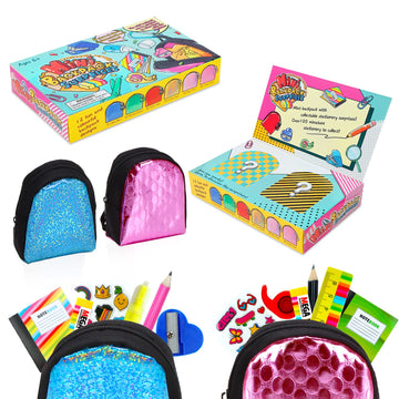 Euclidean Cube 2 Pieces Mini Doll Backpack Toys With 12 Stationery Surprises Inside, Collectible Mini Backpack For Doll With Carabiner, Doll School Supplies For Boys And Girls (Styles And Color Vary)
