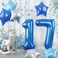 Big Foil 17 Balloon, 40 Inch Dark Teal Blue Self Inflating Number 17 Balloons For Boys 17Th Birthday, Silver Light Royal Blue Gl