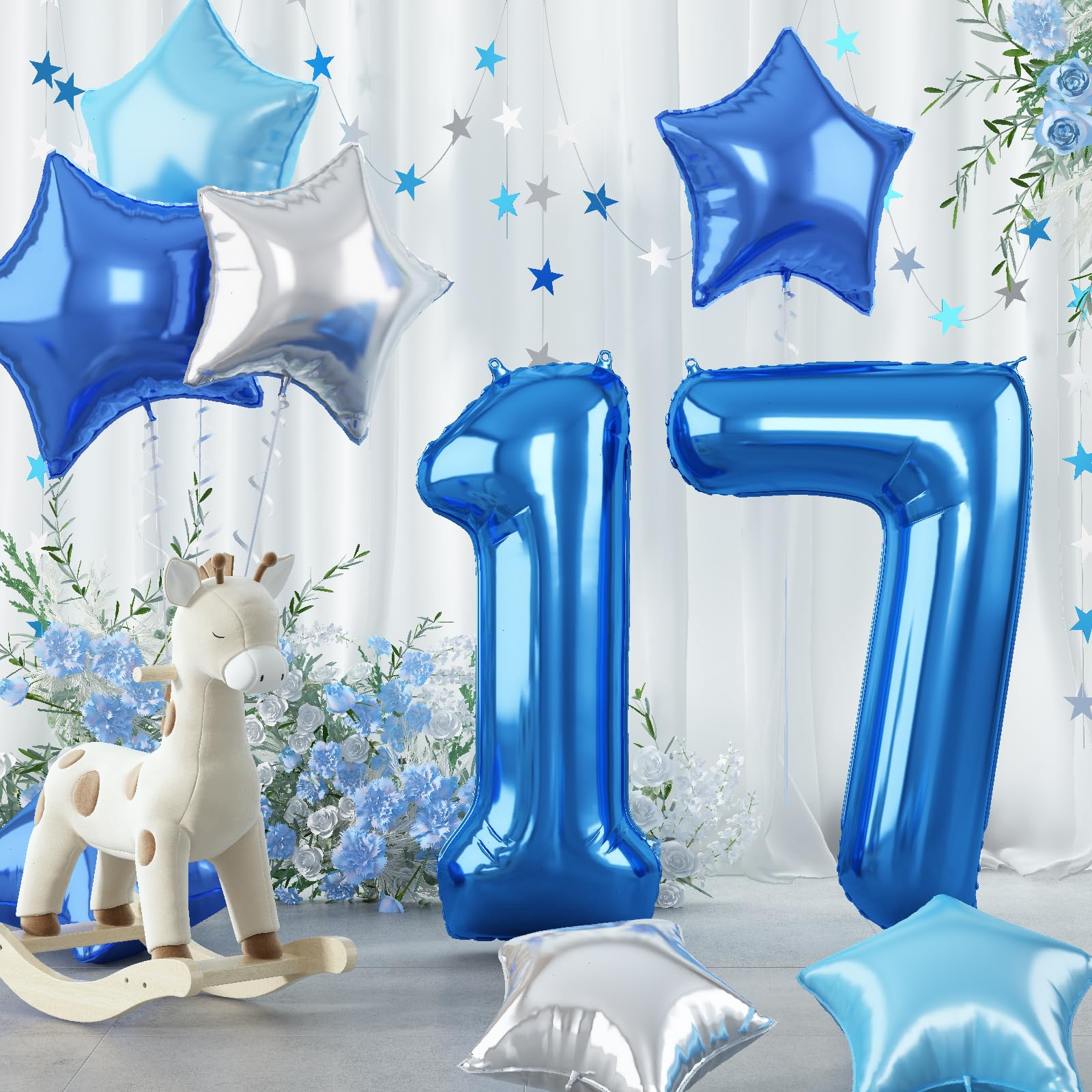 Big Foil 17 Balloon, 40 Inch Dark Teal Blue Self Inflating Number 17 Balloons For Boys 17Th Birthday, Silver Light Royal Blue Gl