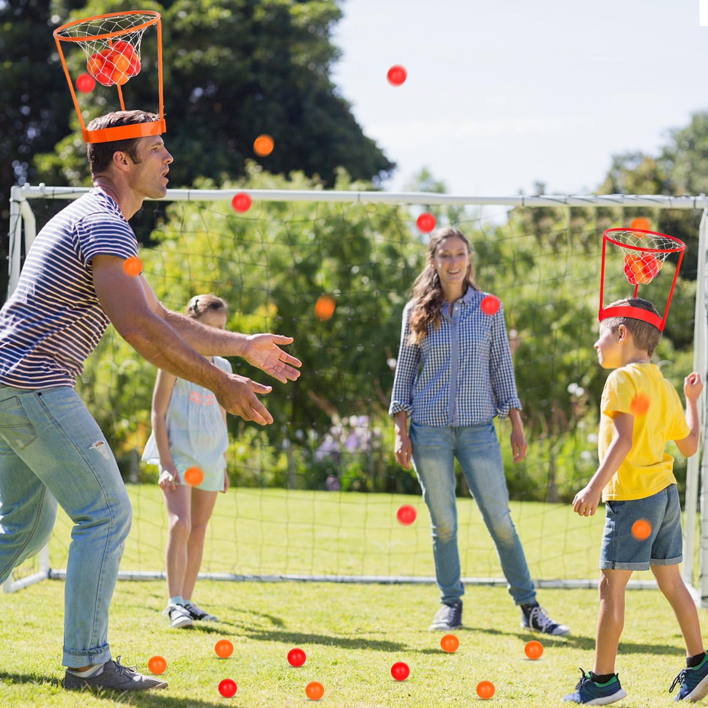 2 Pack Head Hoop Basketball Party Game For Kids And Adults Carnival Game Adjustable Basket Net Headband With 20 Balls For Carnival Party Birthday Party Family Indoor Outdoor Game (Red + Orange)