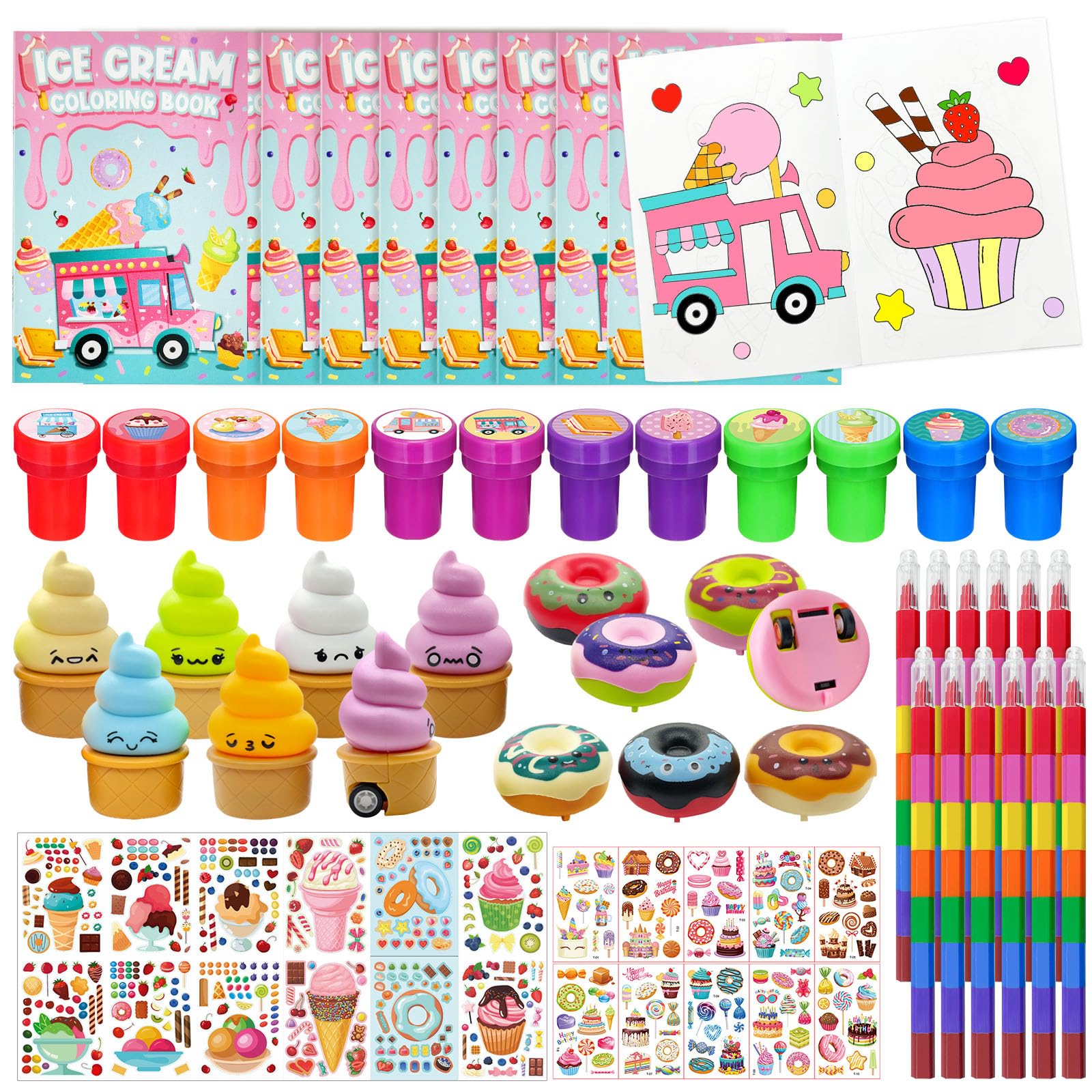 72 Pcs Ice Cream Coloring Book Party Favors Set, Candyland Donut Birthday Party Pinatas Goodie Bag Fillers,Cand Supplies Craft D