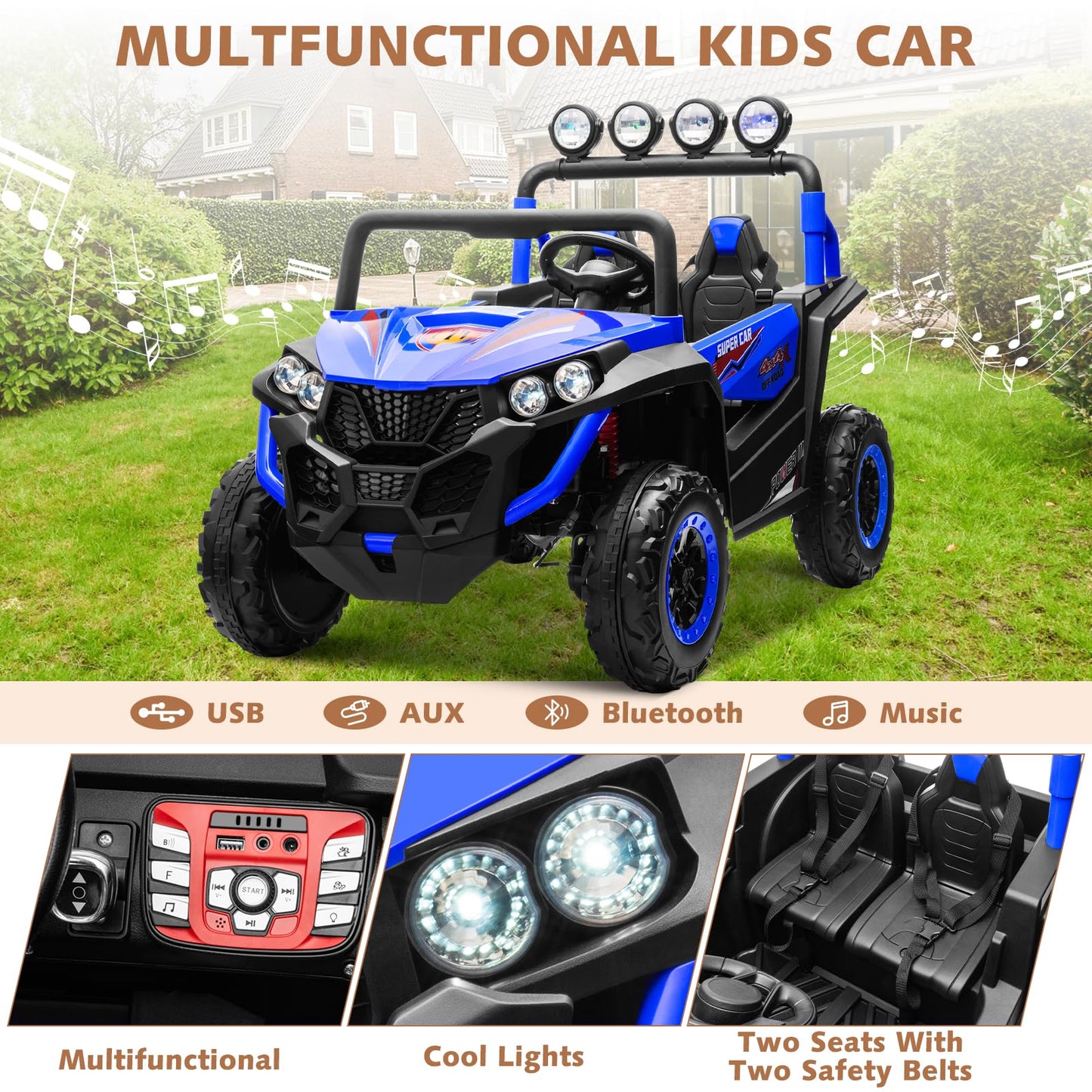 ALINUX 24V 4WD Ride on Car for Kids, 2 Seater Electric Cars Vehicles for Kids 3-8 Years with Remote Control, Bright LED Light, B