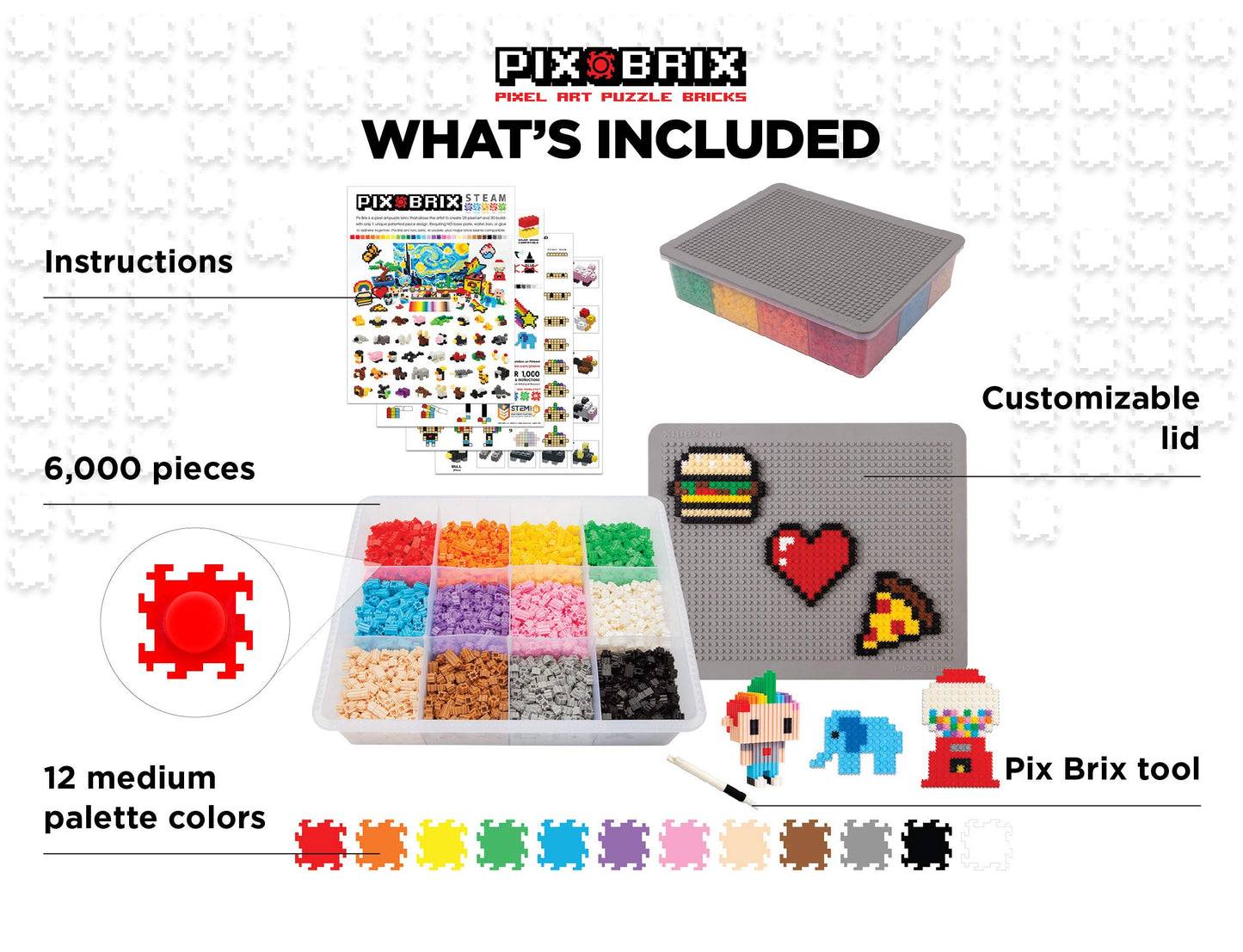 Pix Brix Pixel Art Kit - 6,000 Piece Building Bricks, Medium Color, Interlocking STEM Toy for Ages 6+ - Model PBM6000C