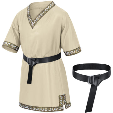 Kids Medieval Costume Boys Viking Tunic Knight Warrior Renaissance Shirts With Belt 6-8 Years Beige
