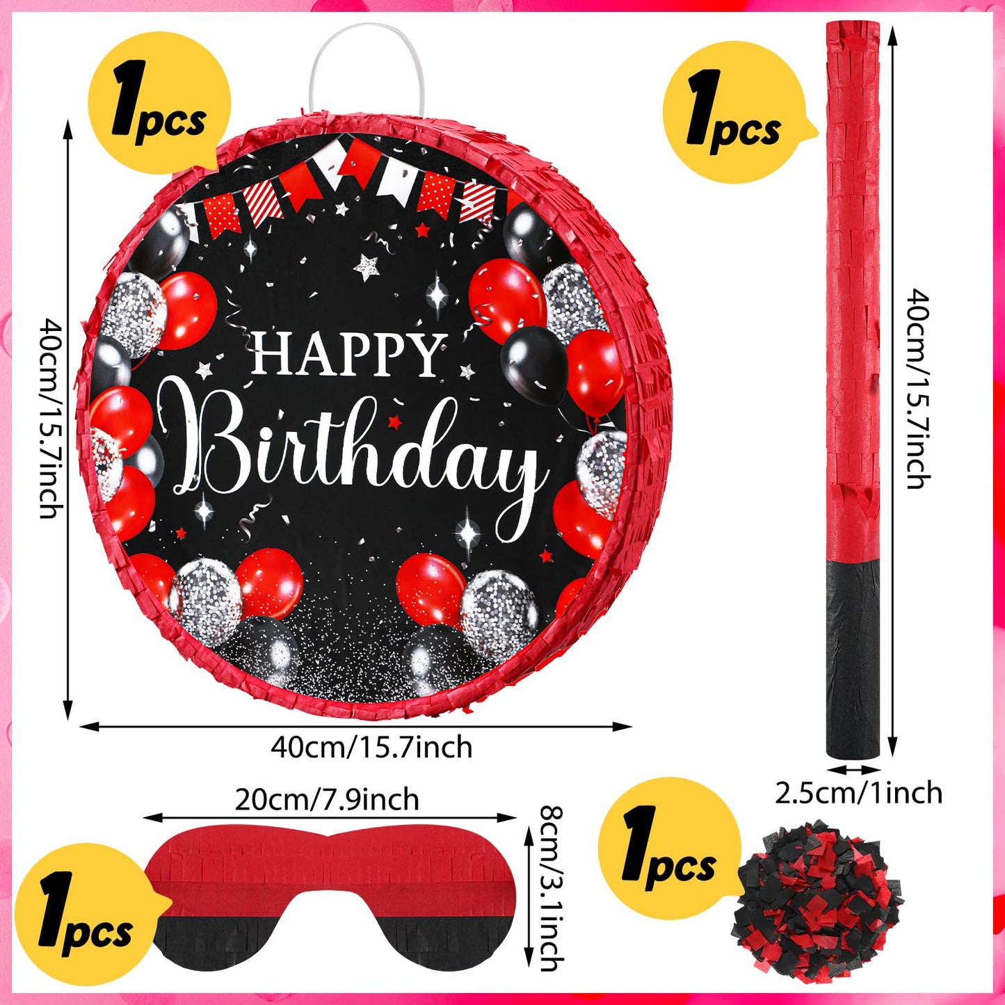 Sinmoe Birthday Piata with Stick Blindfold and Confetti for Boys Girls Men Women Birthday Party Supplies(Red and Black)