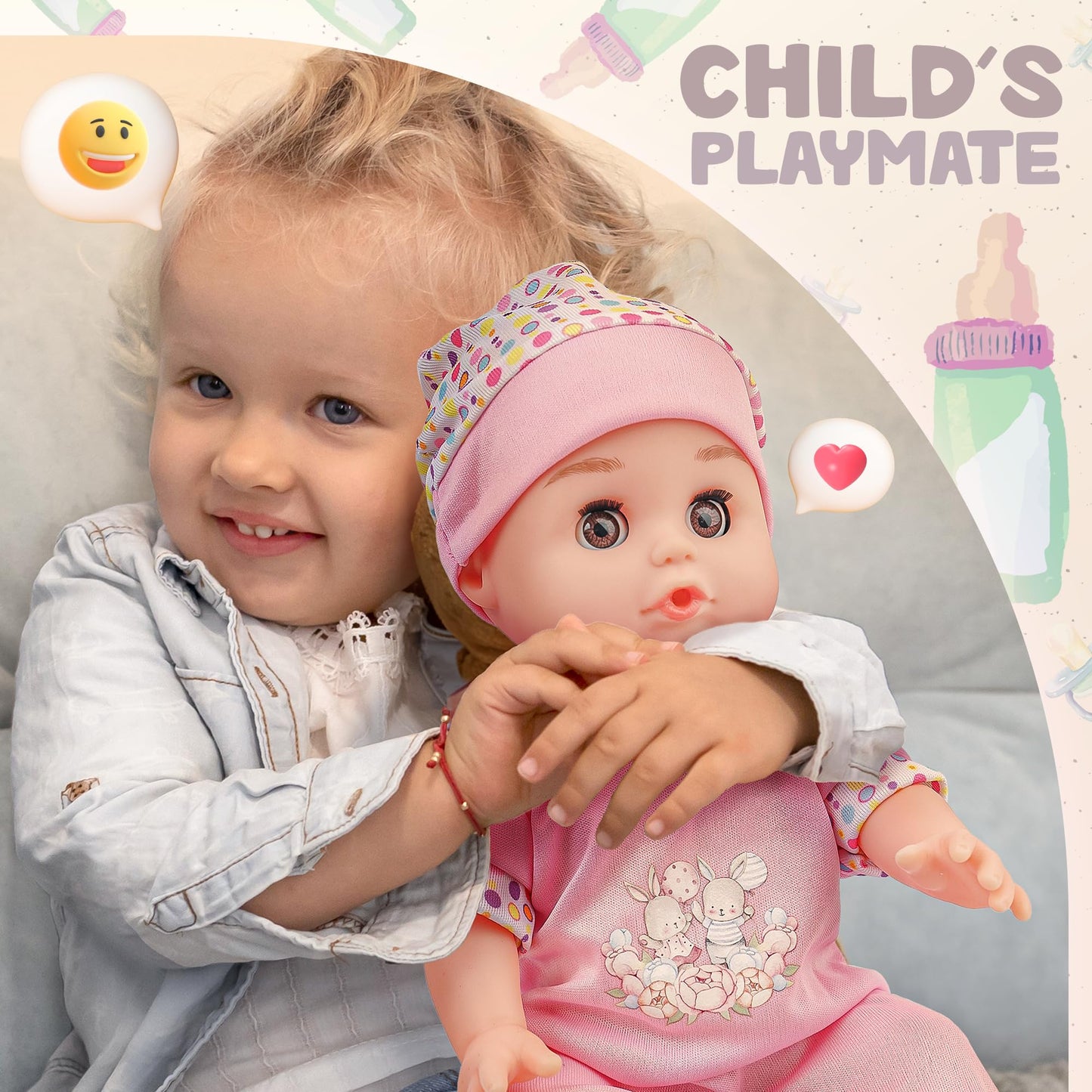 Smilesskiddo 14'' Baby Doll With Open/Close Eyes - Interactive Small Sweet Dolls, 8 Piece Gift Set With Bottle Pacifier & Access
