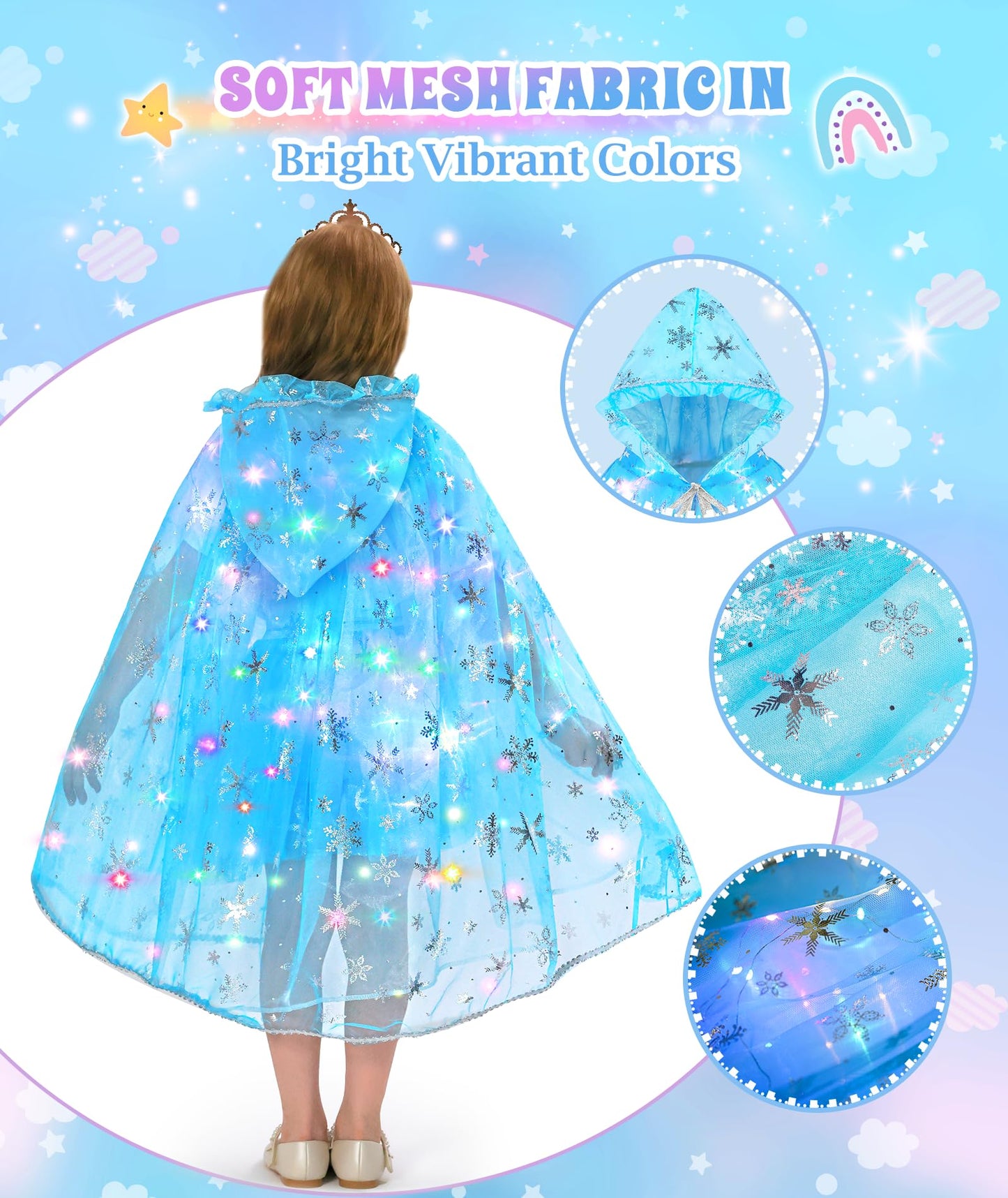 Dolnow Princess Dress Up For Girls, Light Up Princess Cape Princess Dress Costume Crown Wand Gifts For Toddler Girls 3 4 5 6