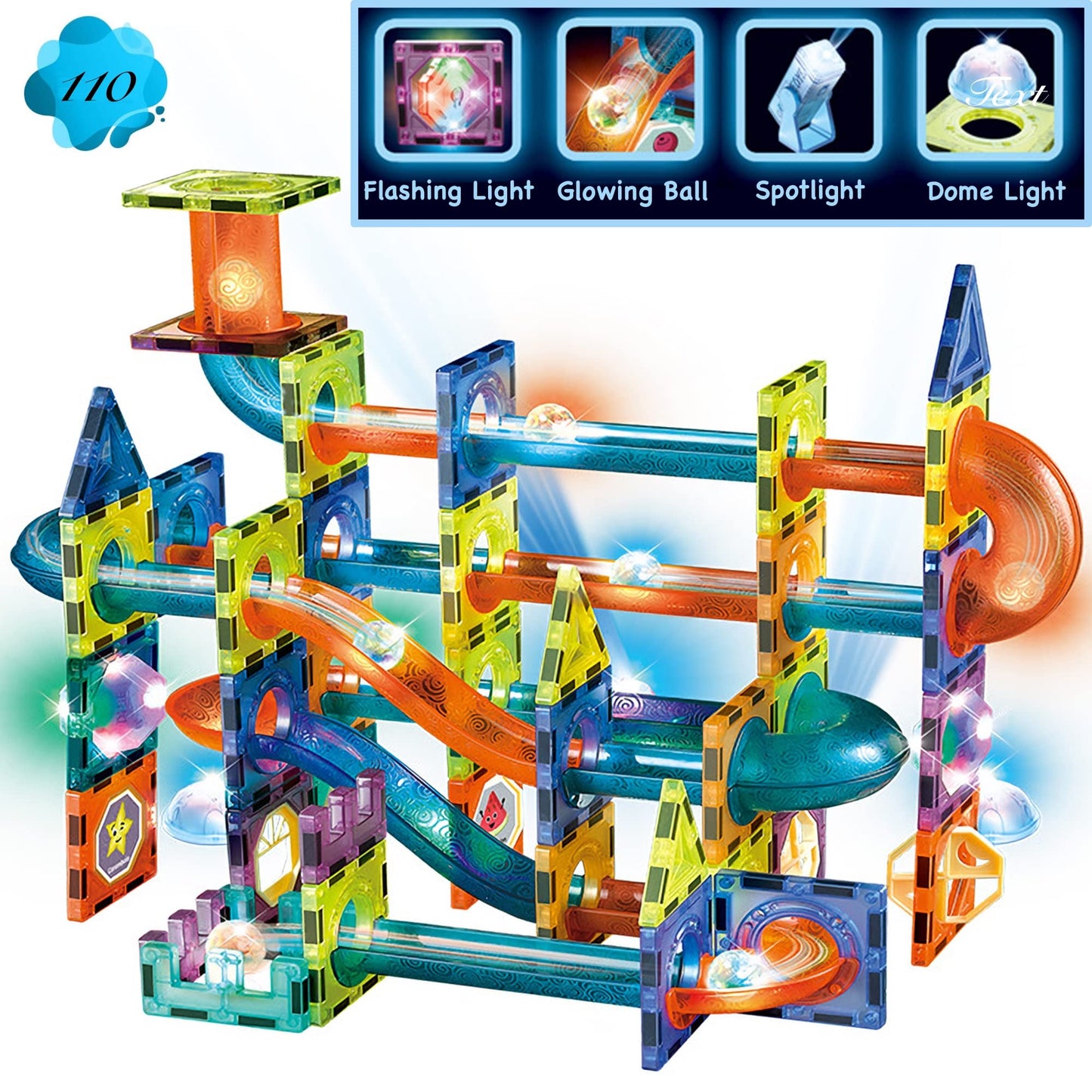Glowing Magnetic Tiles Marble Run Race Track Super Set - 110 Complete Pieces Glow In The Dark Stem Light Magnetic Building Block