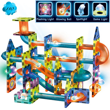 Glowing Magnetic Tiles Marble Run Race Track Super Set - 110 Complete Pieces Glow In The Dark Stem Light Magnetic Building Block