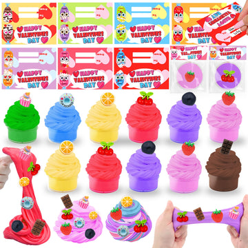 28 Pack Prefilled Valentines Butter Slime With 28 Valentines Day Gifts Cards For Kids, 7 Color & Fruit Charms Diy Valentine Slim