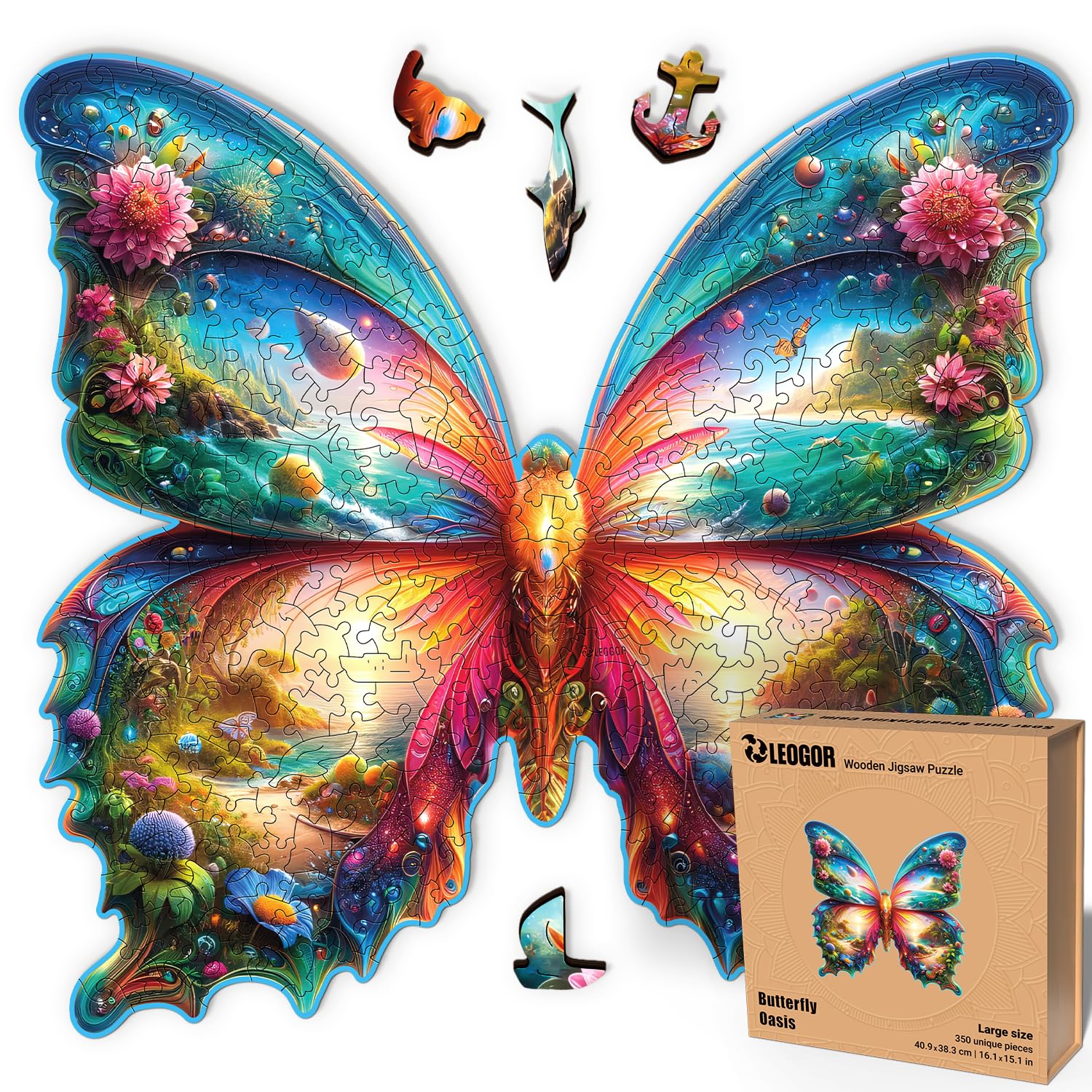 Butterfly Oasis - 350 Piece Wooden Puzzles for mature-themeds - 16.1 x 15.1 in - Extra-Thick 5 mm Wood Puzzle  Hand-Shaped Pieces  Nature Life Mosaic Design - enhanced Gift for Puzzle Lovers by LEOGOR