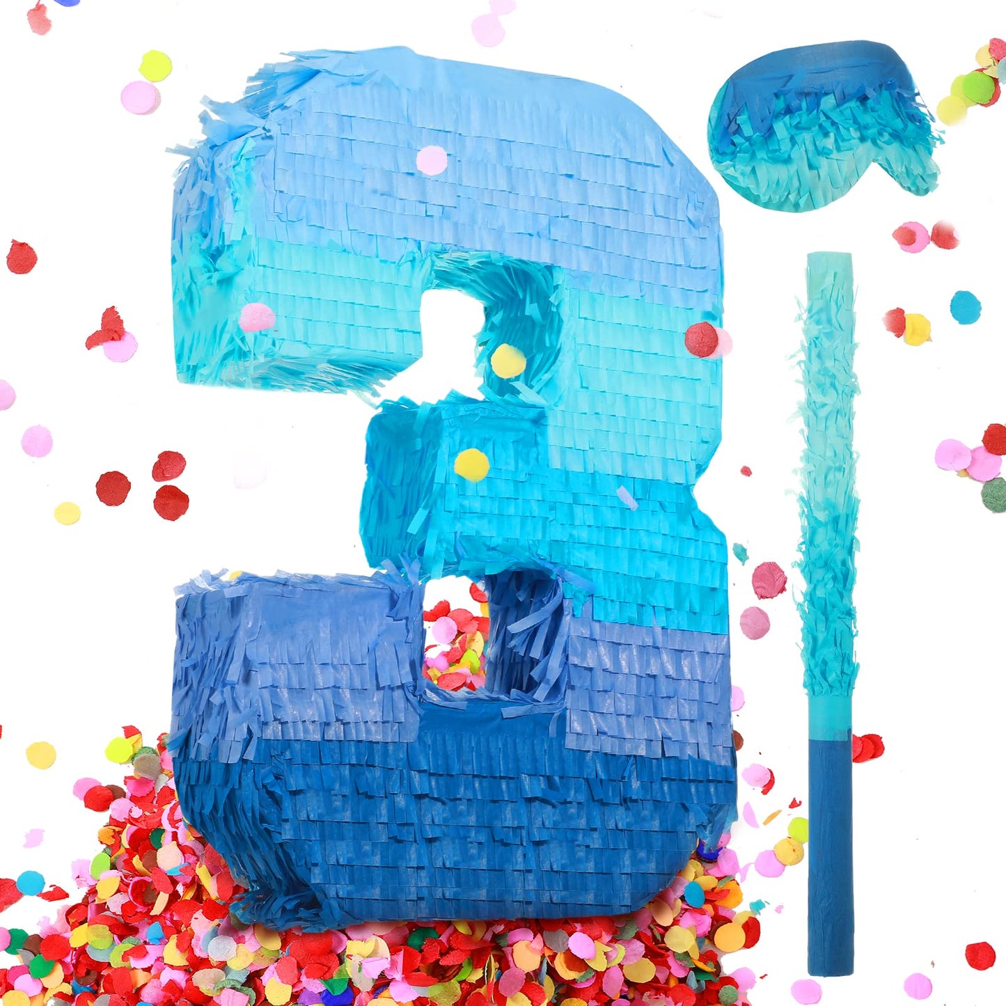 Sratte Number 1 2 3 4 5 6 7 8 9 Piata with Stick Blindfold Confetti, Gradient Blue Piata for Kids Boys Girls Birthday Party Anni