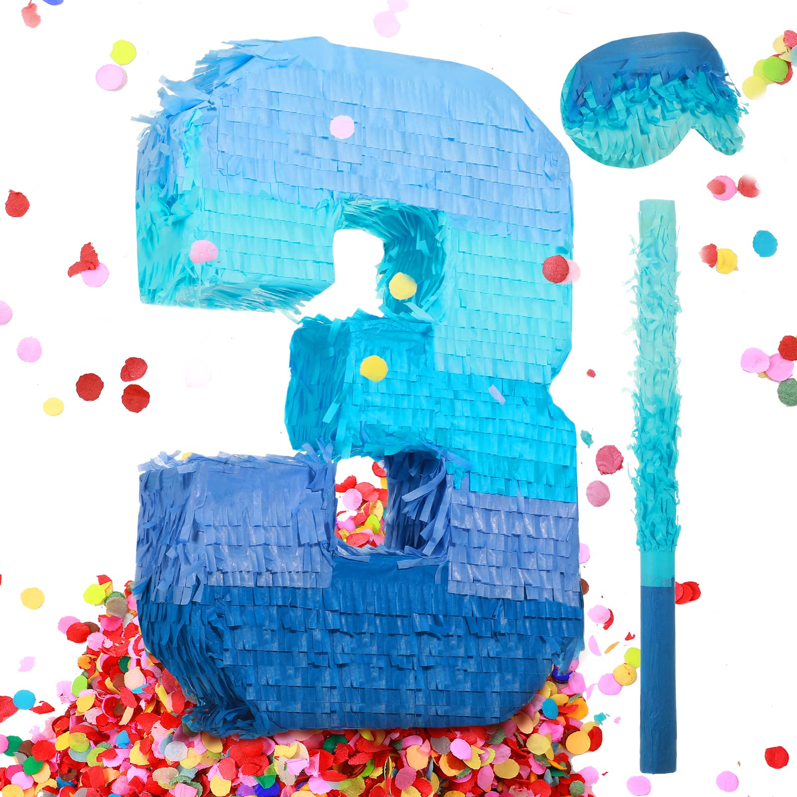 Sratte Number 1 2 3 4 5 6 7 8 9 Piata with Stick Blindfold Confetti, Gradient Blue Piata for Kids Boys Girls Birthday Party Anni