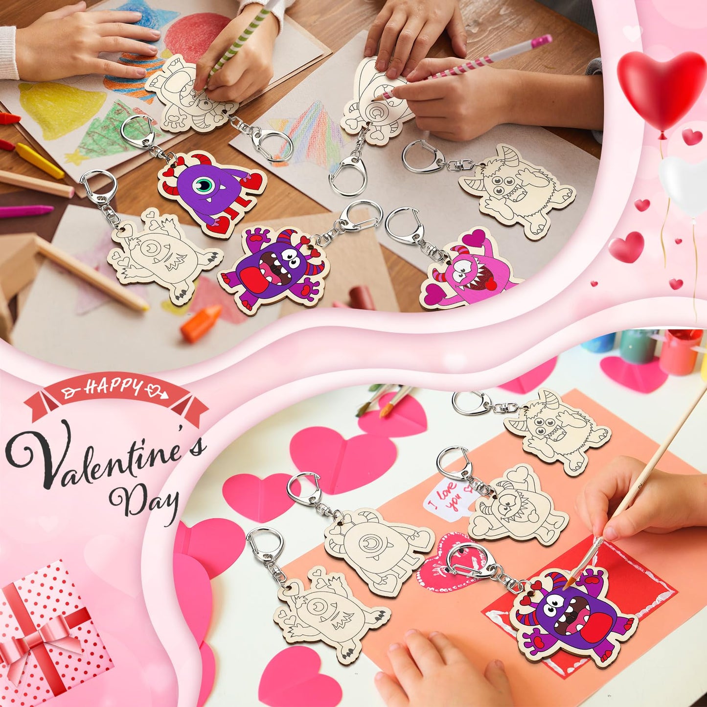 Memorywuu 24 Sets Valentines Day Craft Kits Color Your Own Valentine Monster Keychain DIY Heart Wood Keychains Paintable Unfini
