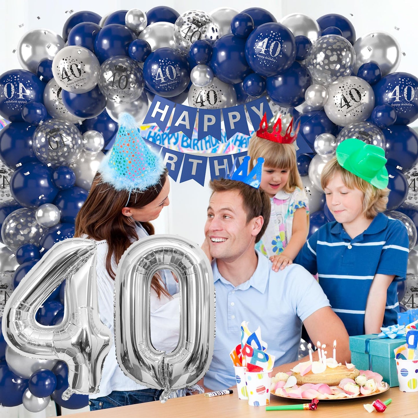 40Th Birthday Decorations Navy Blue Silver,40Th Birthday Balloon Garland Party Decorations With Number 40 Foil Balloons,Happy Bi