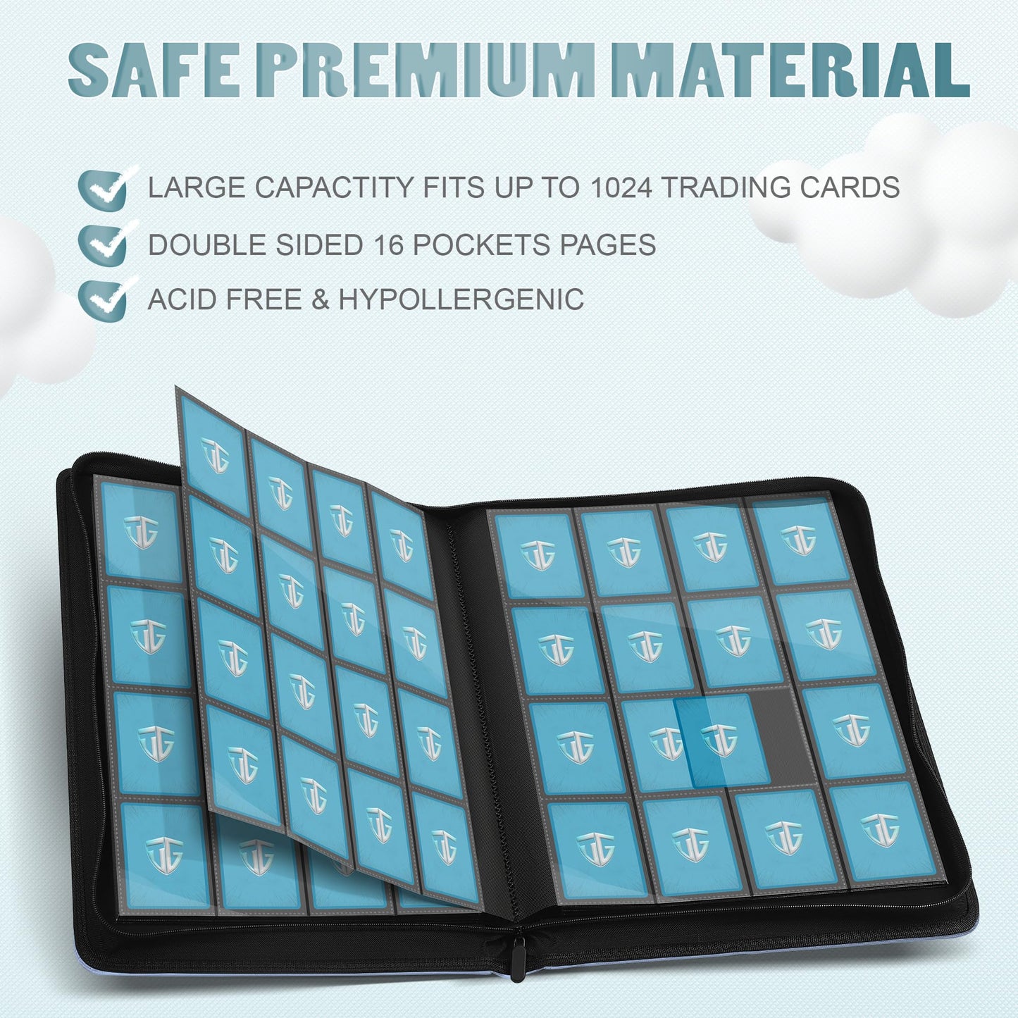 Tcguard 16 Pockets Trading Card Zipper Binder For 1000+ Cards| Secure Side Loading Pockets | Trading Card Album Folder | Compati