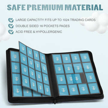 Tcguard 16 Pockets Trading Card Zipper Binder For 1000+ Cards| Secure Side Loading Pockets | Trading Card Album Folder | Compati