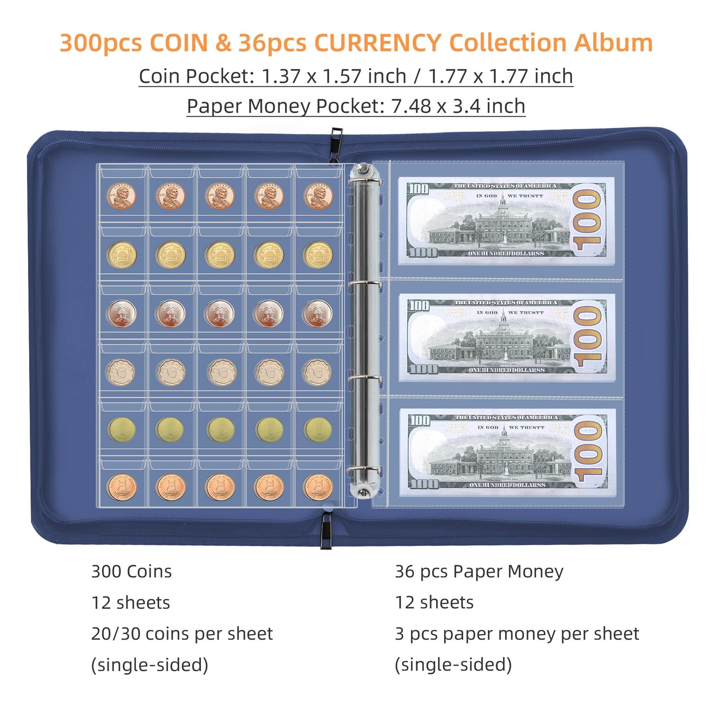 Coin Collection Book Holder For Collectors, 300 Pockets Fireproof Coins Collecting Album & 36 Sleeves Money Storage Case For Coi