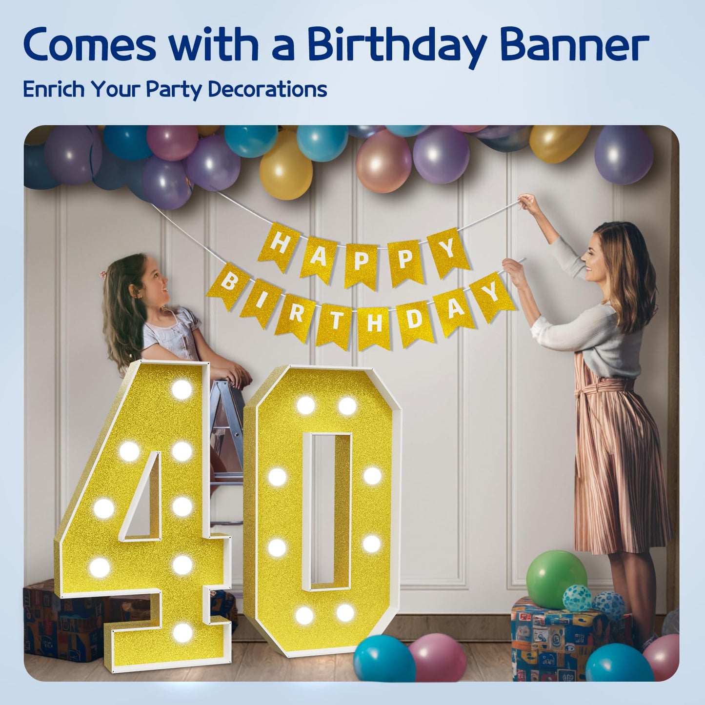 Imprsv Marquee Numbers Gold 40Th-Birthday Decorations: Large 3Ft Light Up Number 40 Birthday Decoration For Women Men Forty Year