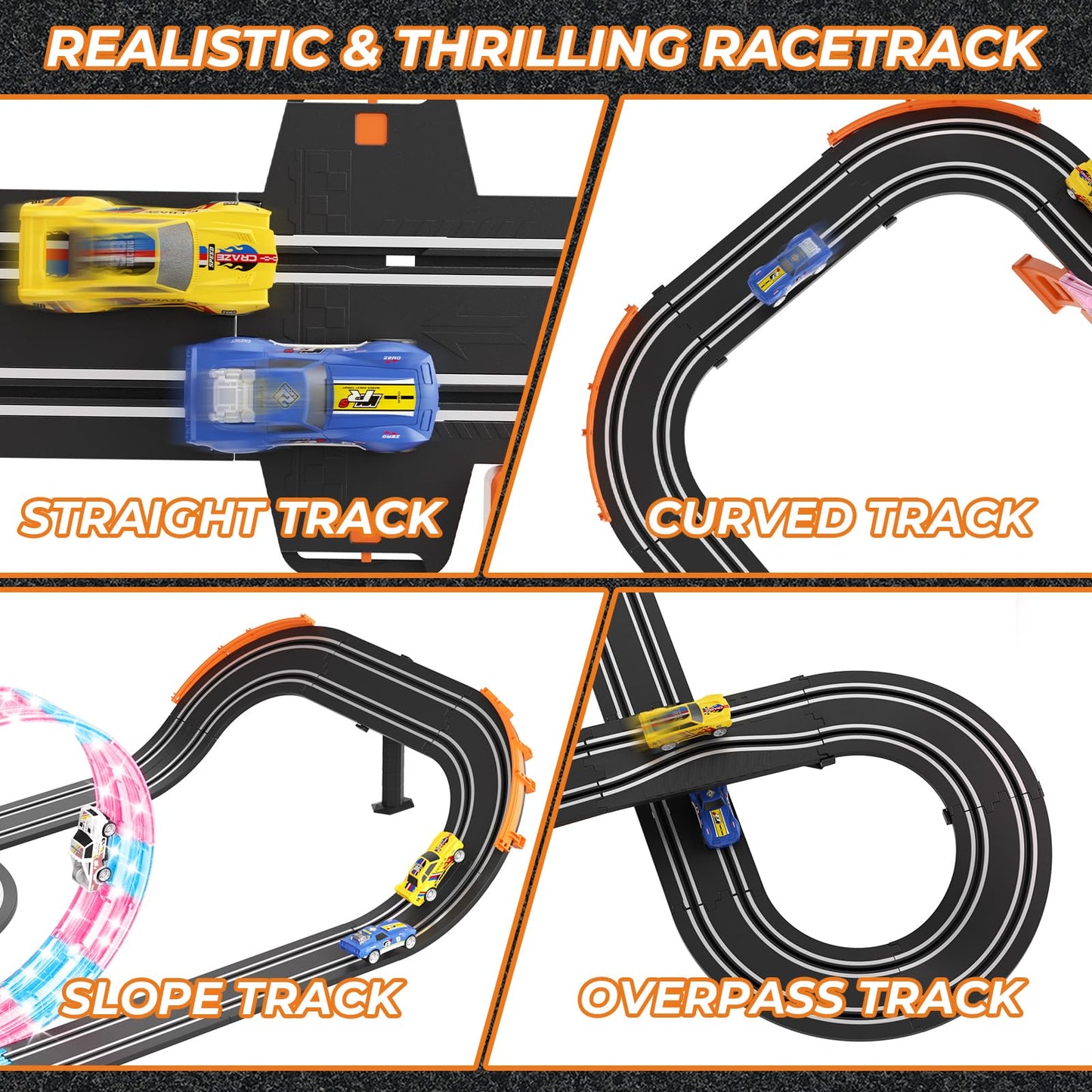 2-in-1 Slot Car Race Track Sets - Electric Race Car Track with 4 High-Speed Racing Cars  Dual Racing Game Lap Counter Circular Overpass Tracks  Remote Control Cars Toys/Gift for Boys Kids Ages 8-12