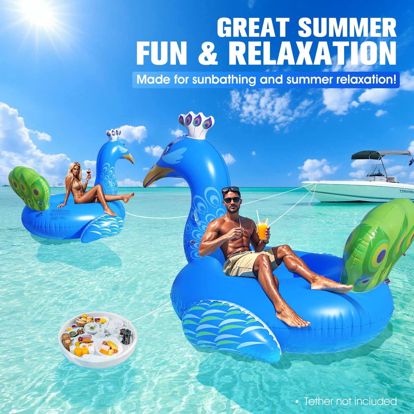 DeeprBetter Inflatable Peacock Pool Float - Large Blue Heavy Duty PVC Ride-On for Pool Parties and Water Fun