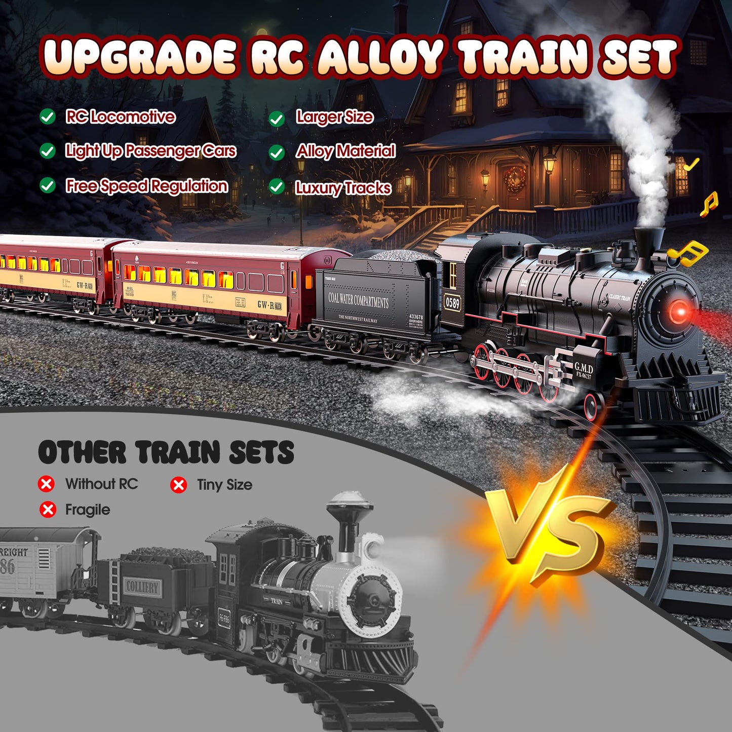 Hot Bee Train Set For Boys, Alloy Remote Control Train Sets With Steam Locomotive, Light Up Cars And Tracks, Electric Trains Set