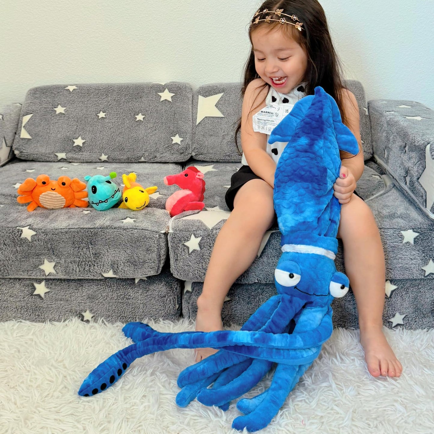Karister Giant Squid Stuffed Animal Toy 41.3" with 4 Marine Plush Dolls - Clownfish, Crab, Seahorse, Angler Fish - Polyester