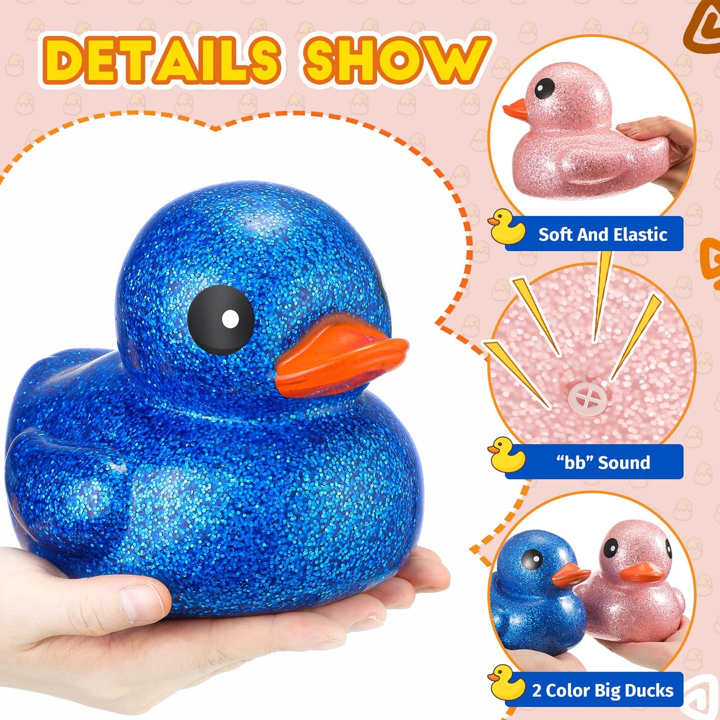Honoson 2 Pcs 6.89 Inch Giant Glitter Rubber Ducks Big Sparkly Rubber Ducks Jumbo Bathtub Toys With Squeaky Sound For Baby Showe