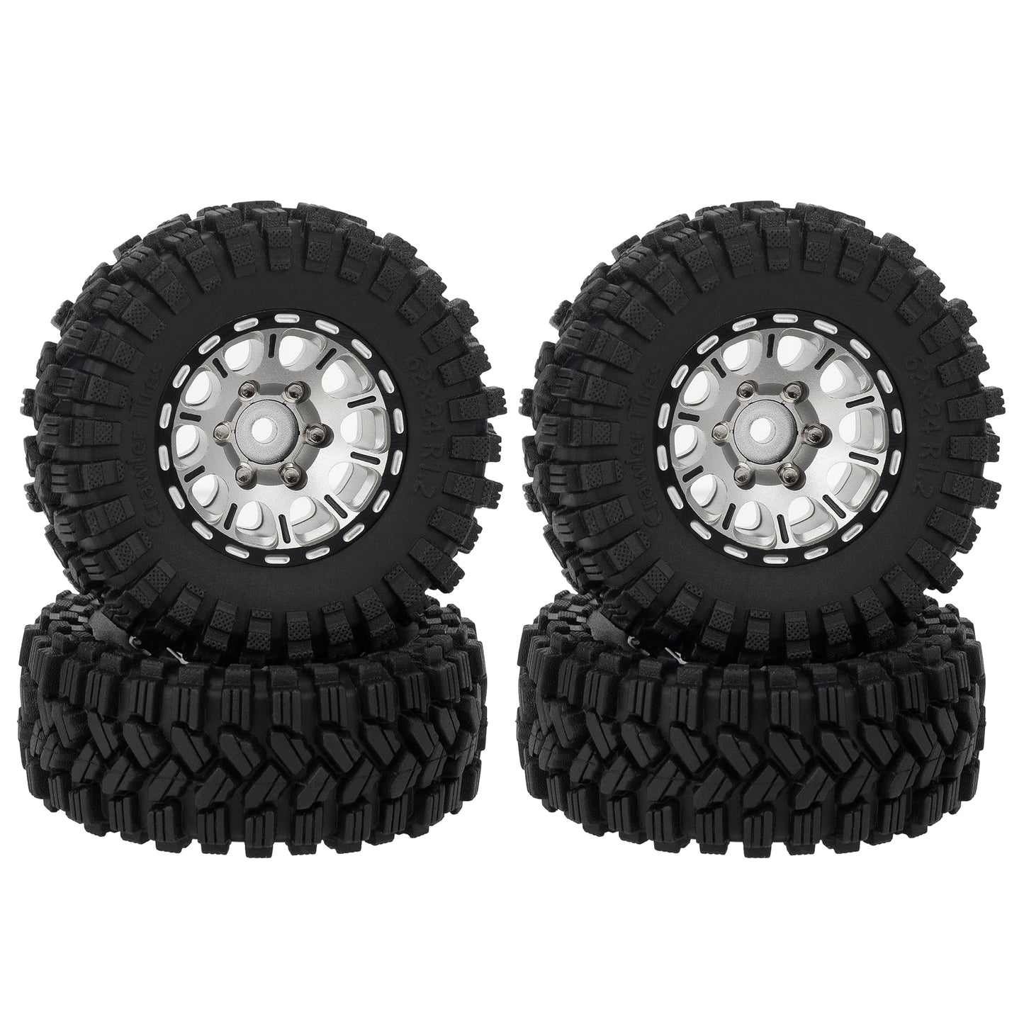 Meus Racing 1.2 Beadlock Wheels Tires Set Brass Rim For Trx4M Scx24 Fcx24 Ax24 1/24 1/18 Rc Crawler Car, Negative 4Mm 42G (Silve