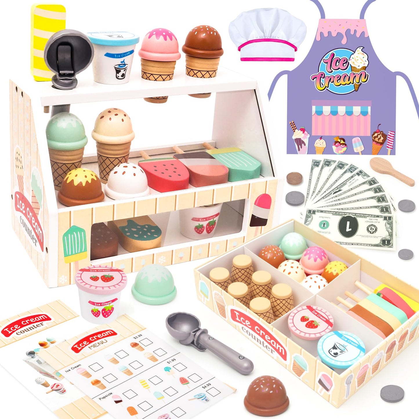 HAPGFS Wooden Ice Cream Toys for Toddlers 3-5 Kids Play Store Pretend Food Kitchen Accessories with Scoop & Menu & Toy Cash, Woo
