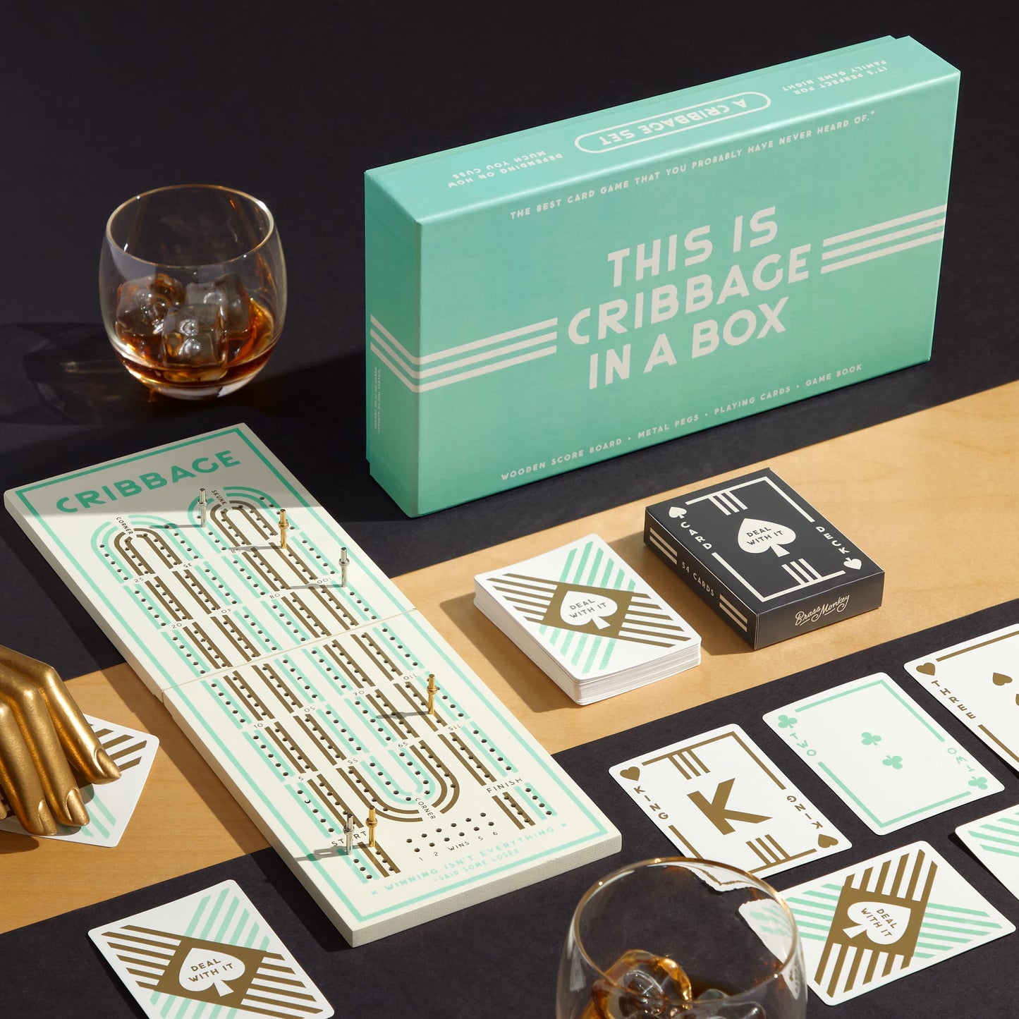 Brass Monkey Cribbage In A Box - Classic Game Set With Foldable Wooden Game Board And Unique Card Deck Perfect For Parties