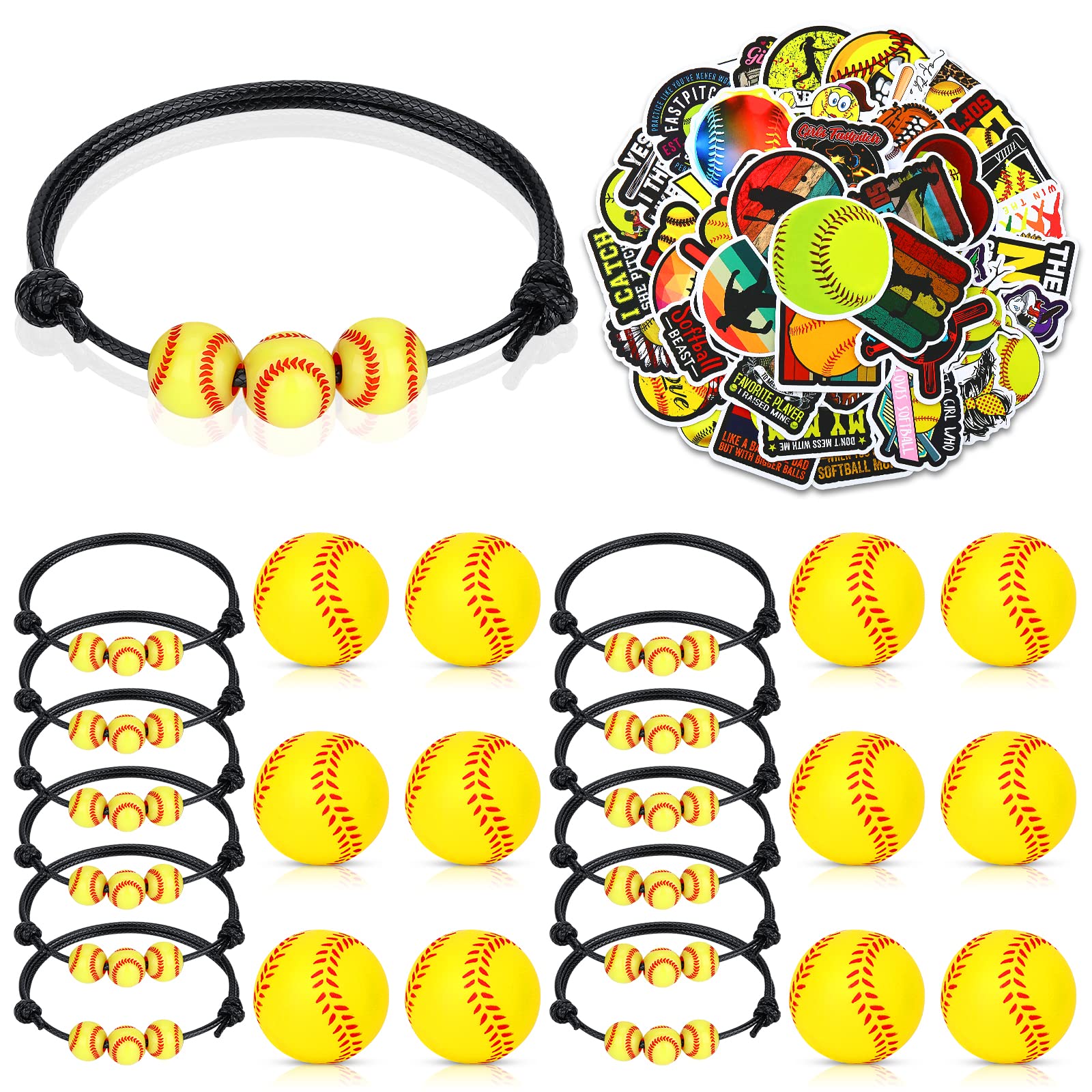 74 PCS Softball Party Favors Softball Charm Bracelets Sports Softball 1.6Foam Ball 50 Softball Stickers Decorations Softball Wri