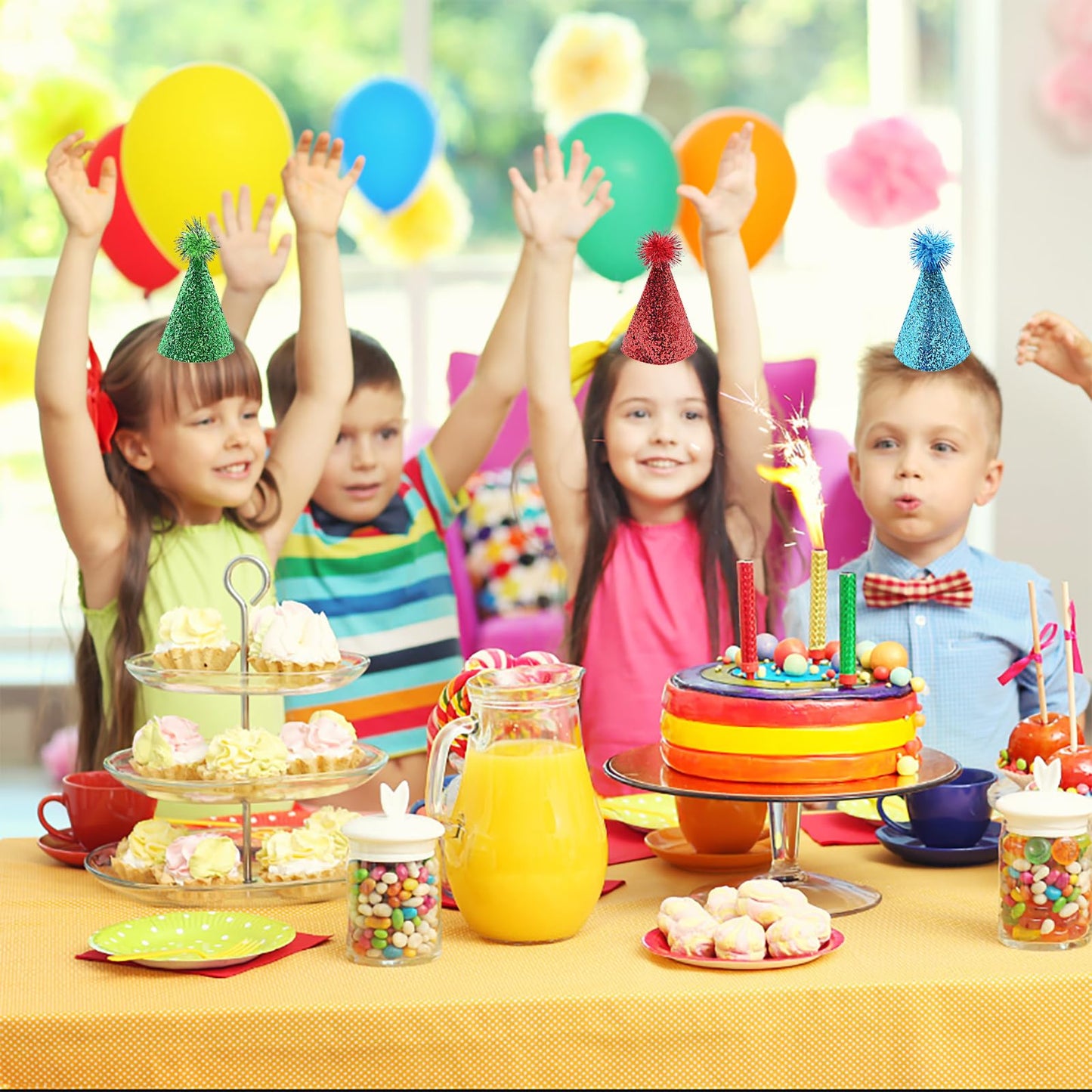Sundecor Birthday Party Cone Hats, Lovely Glitter Shiny Party Hat Cone Paper Hats With Pom Pom For Birthday Party Games Accessor
