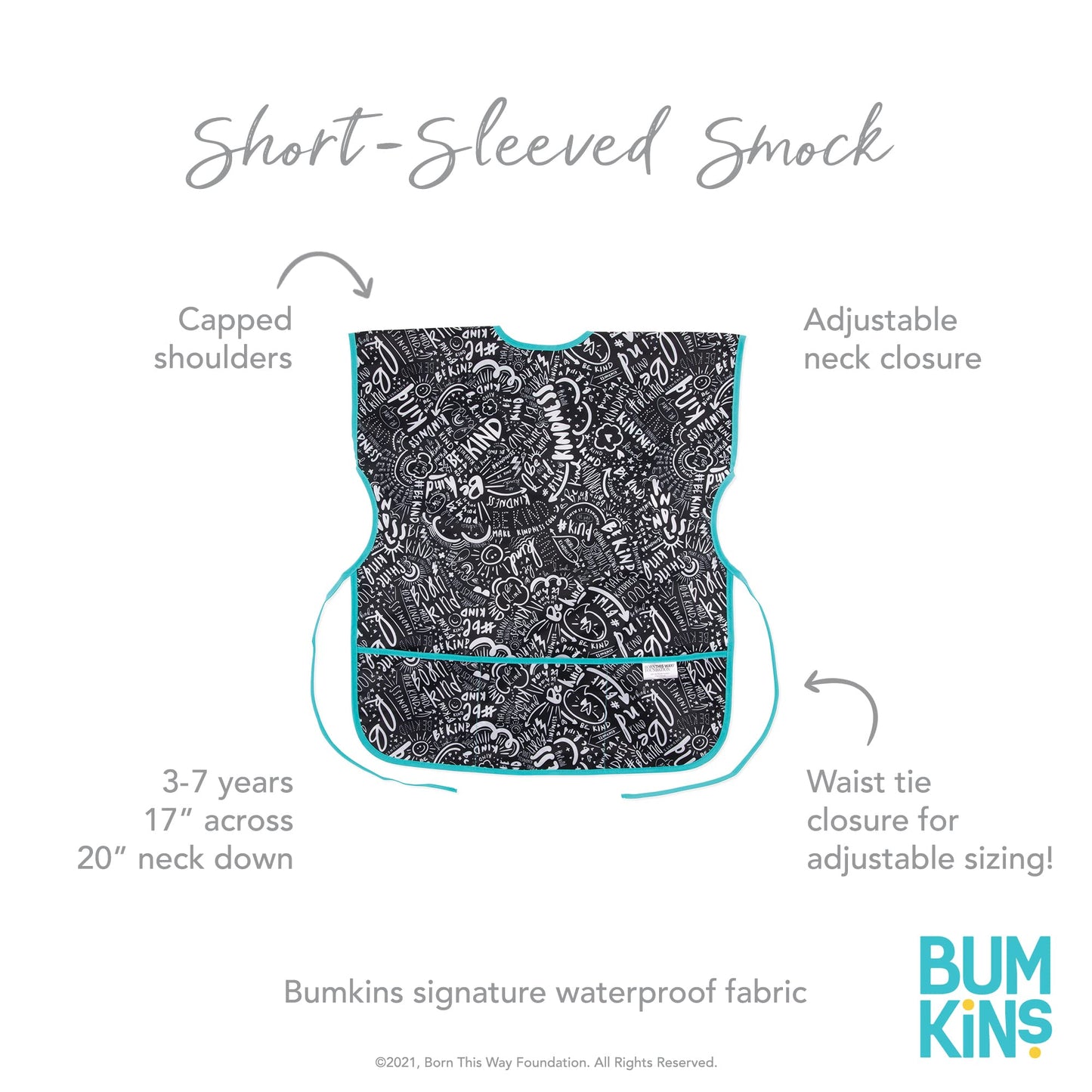 Bumkins Short Sleeve Smock, Toddler Reusable Waterproof Bib For Girls And Boys Age 3-7 Years, Junior Childrens, Kids Paint Apron, Arts, Crafts And Play With Pocket, Soft Fabric, Born This Way Be Kind